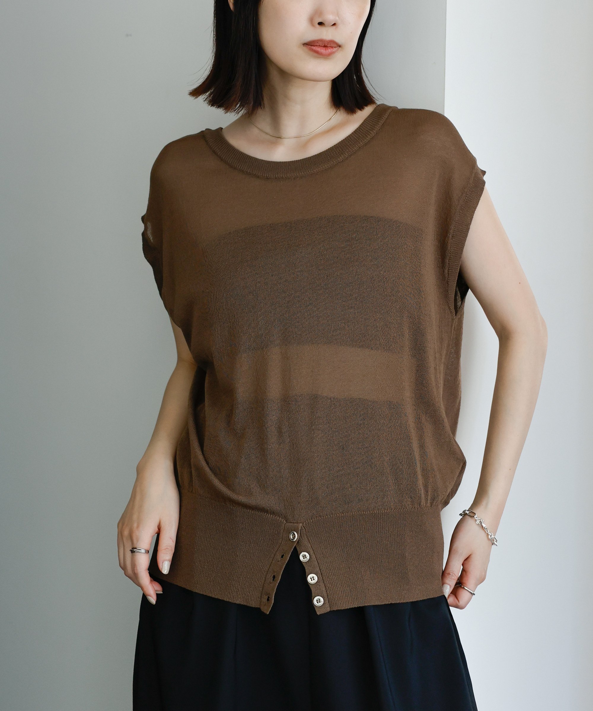 SELECT MOCA 【Et】Double-Front Slit Button Sheer Knit Tops セレクトモカ トップス ニット