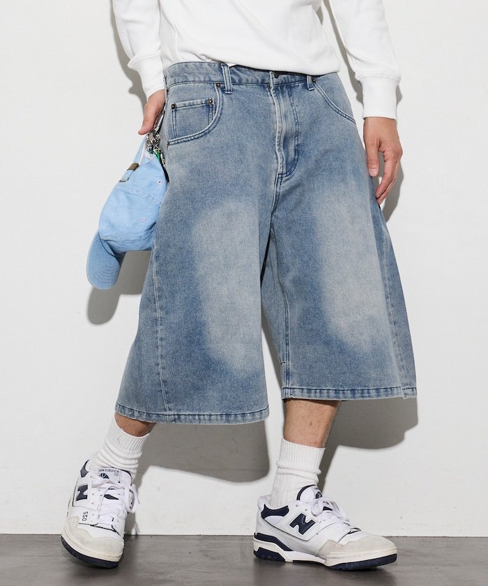 ワイドシルエット ヴィンテージ加工 クロップド カーブ デニム ショートパンツ フリークスストア パンツ ジーンズ・デニムパンツ ネイビー ブラック ブルー