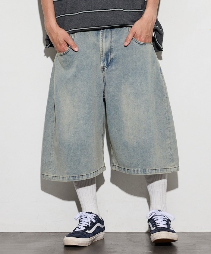 ワイドシルエット ヴィンテージ加工 クロップド カーブ デニム ショートパンツ フリークスストア パンツ ジーンズ・デニムパンツ ネイビー ブラック ブルー
