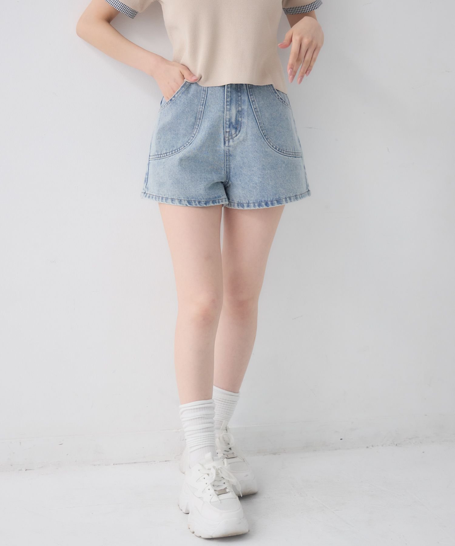 【2サイズ展開】切替デニムショートパンツ レトロガール パンツ ジーンズ・デニムパンツ ブラック
