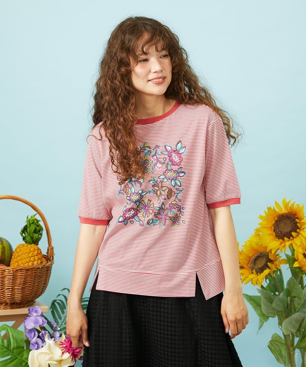 Jocomomola 【接触冷感】Verano en La Mancha フラワープリントボーダーTシャツ ホコモモラ トップス カットソー・Tシャツ ホワイト