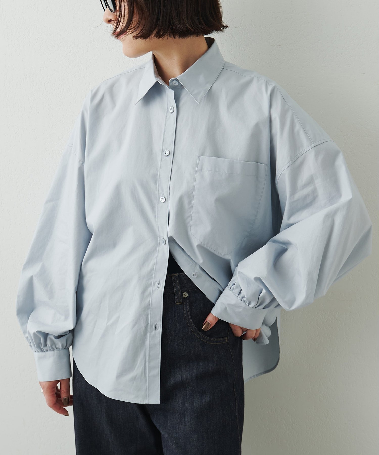 Whim Gazette タイプライターボリュームスリーブシャツ ウィム ガゼット トップス シャツ・ブラウス ブルー ホワイト