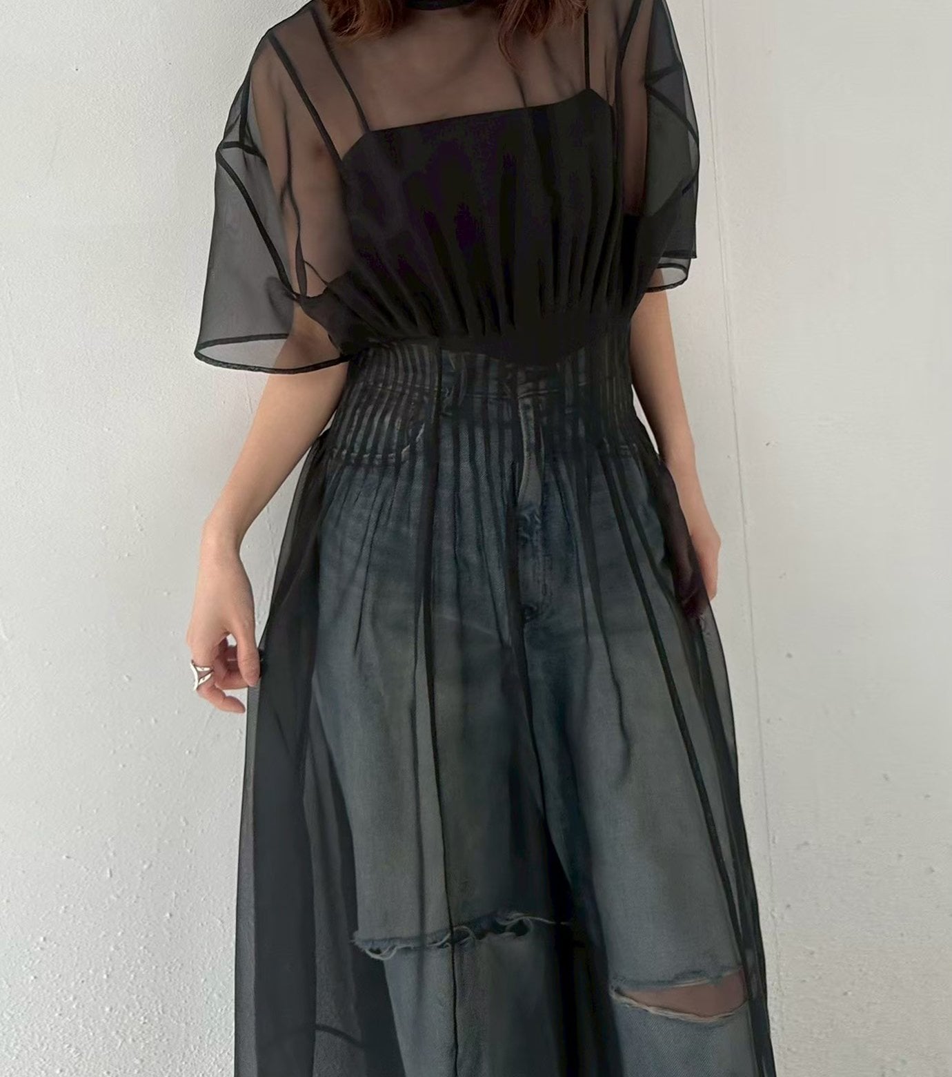 LE CIEL BLEU シアーギャザードウエストドレス / Sheer Gathered Waist Dress ルシェルブルー ワンピース・ドレス ワンピース ブラック