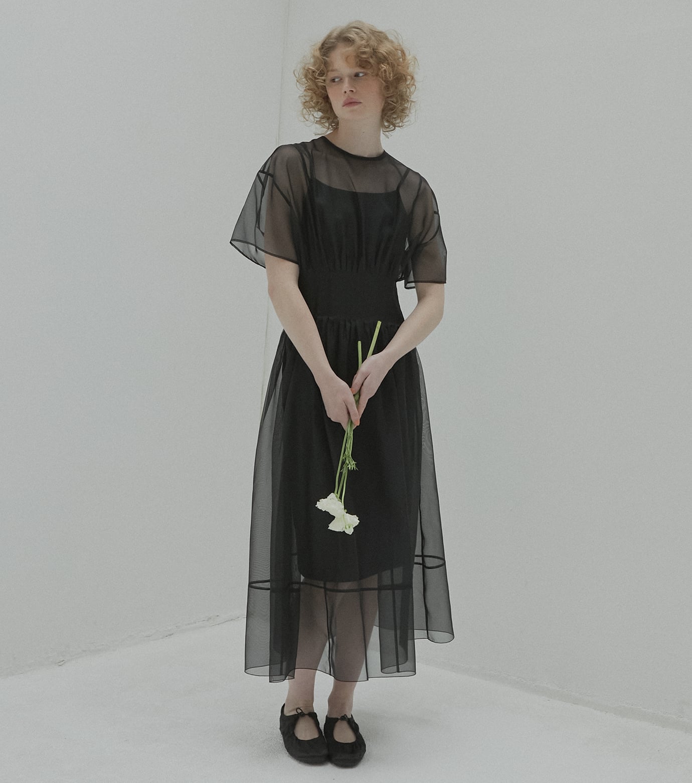 LE CIEL BLEU シアーギャザードウエストドレス / Sheer Gathered Waist Dress ルシェルブルー ワンピース・ドレス ワンピース ブラック