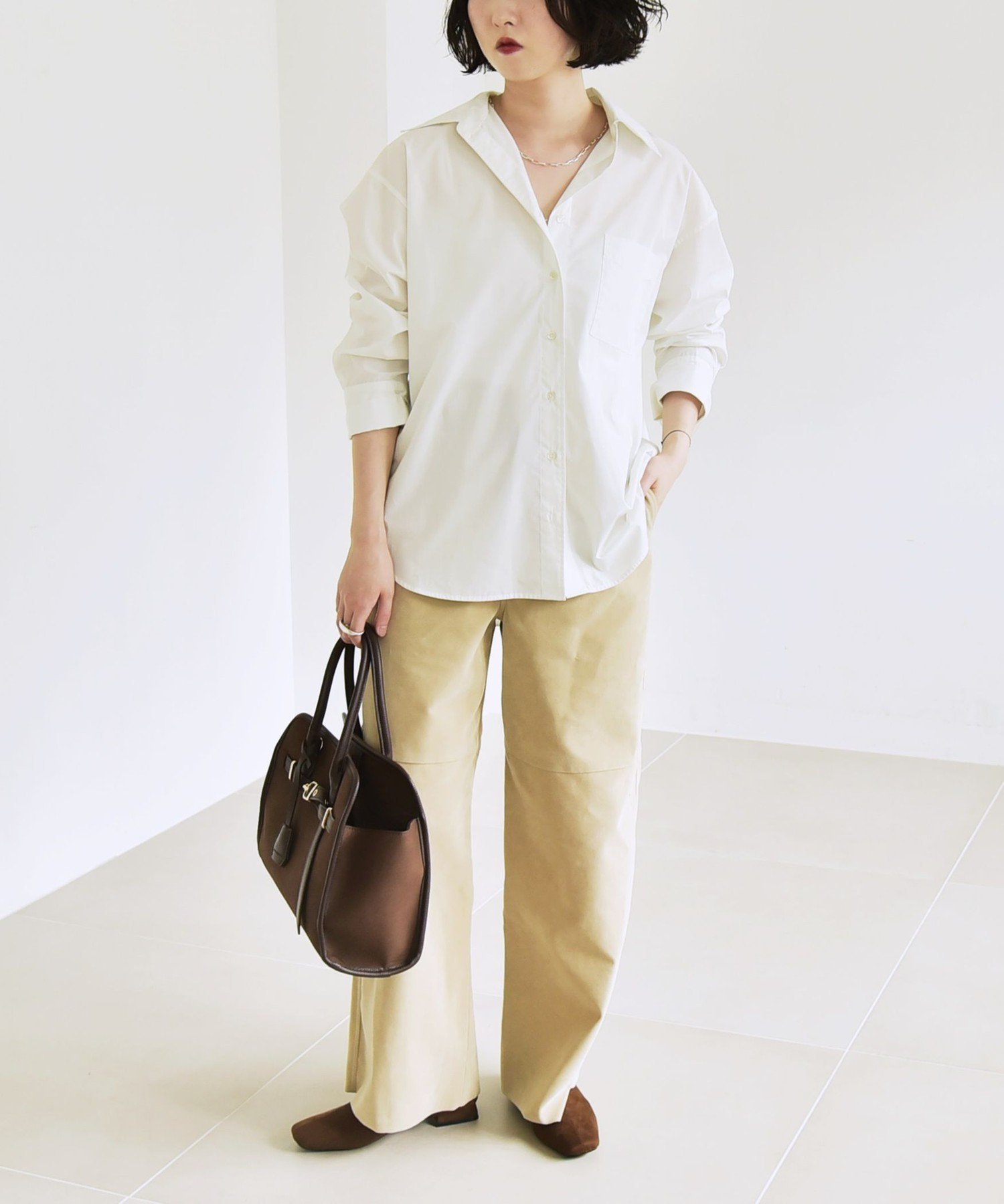 【SALE／55%OFF】quaranciel quaranciel:＜洗濯機可能＞REPREVE オープン カラー シャツ シップス トップス シャツ・ブラウス ホワイト ブラウン【送料無料】