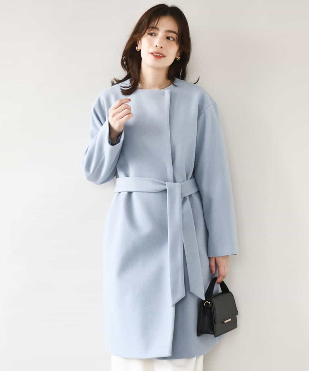 OFUON ウール混ノーカラーコート/WEB限定サイズあり オフオン ジャケット・アウター その他のジャケット・アウター ネイビー ホワイト【送料無料】のサムネイル