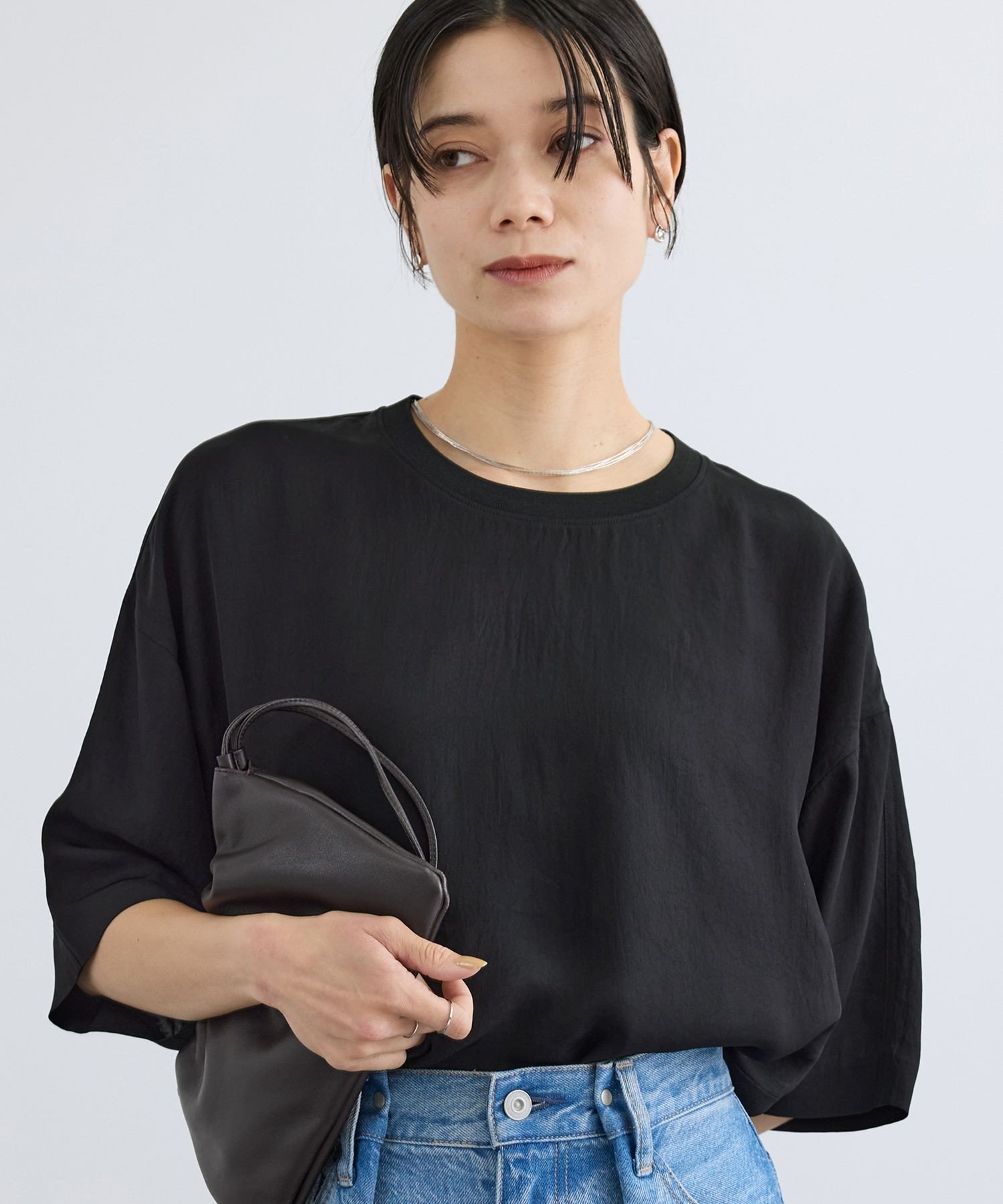 SALON adam et rope' ブライトツイルTシャツライクブラウス / セットアップ対応・ドライタッチ サロン アダム エ ロペ トップス シャツ・ブラウス ブラウン ブラック ホワイト