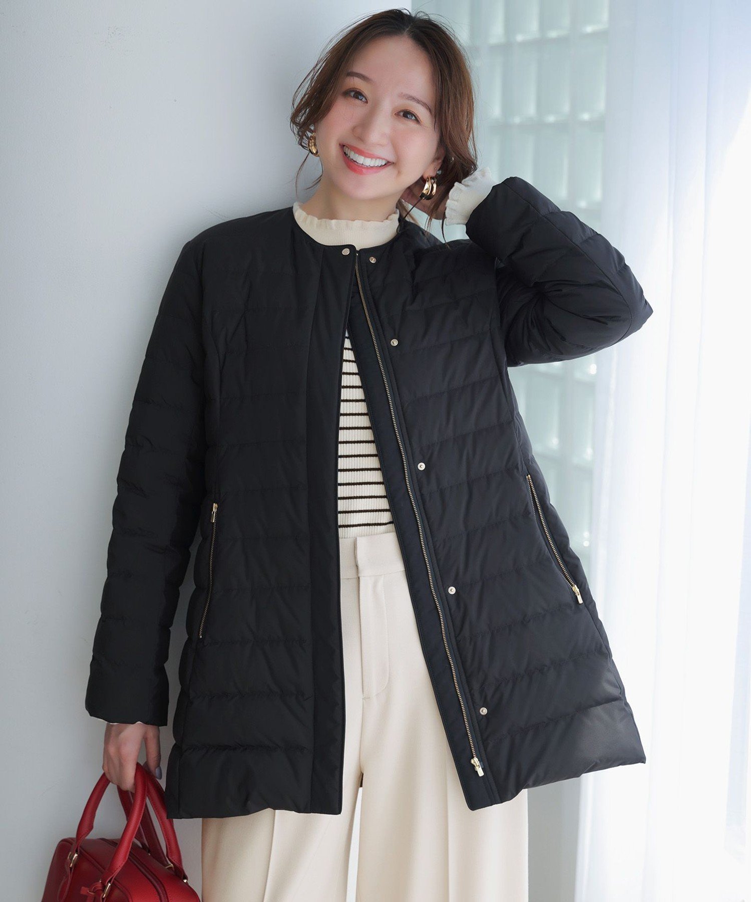 ANY SIS 【撥水・洗える】2WAYノーカラーミドル ダウン エニィスィス ジャケット・アウター ダウンジャケット・ダウンベスト ネイビー ブラック ベージュ【送料無料】のサムネイル