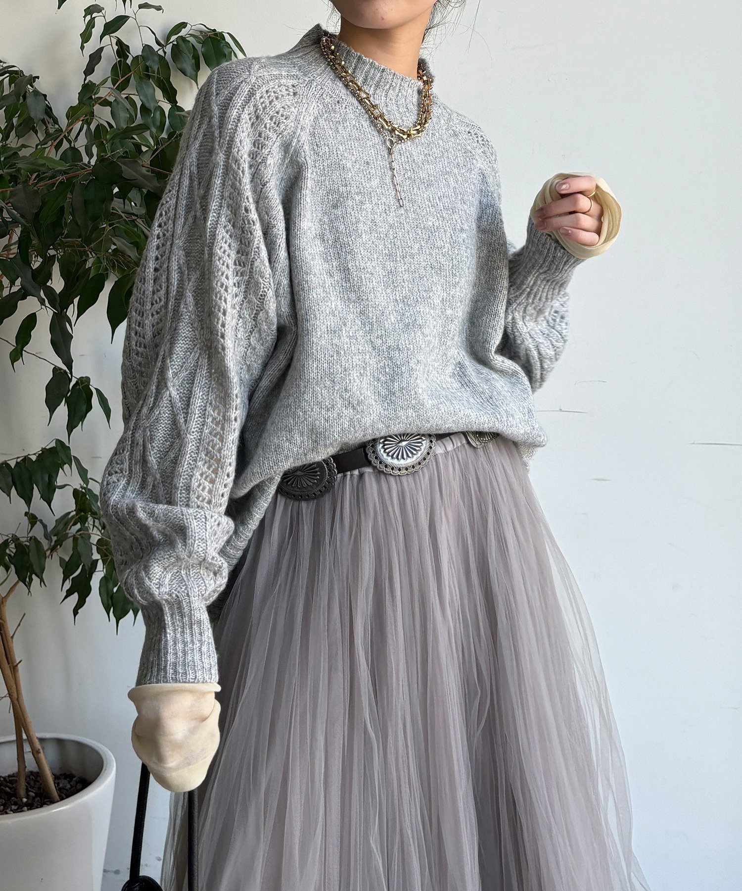 DouDou 【WEB限定】透かしケーブル切替ラグランプルオーバー ドゥドゥ トップス ニット グレー【送料無料】