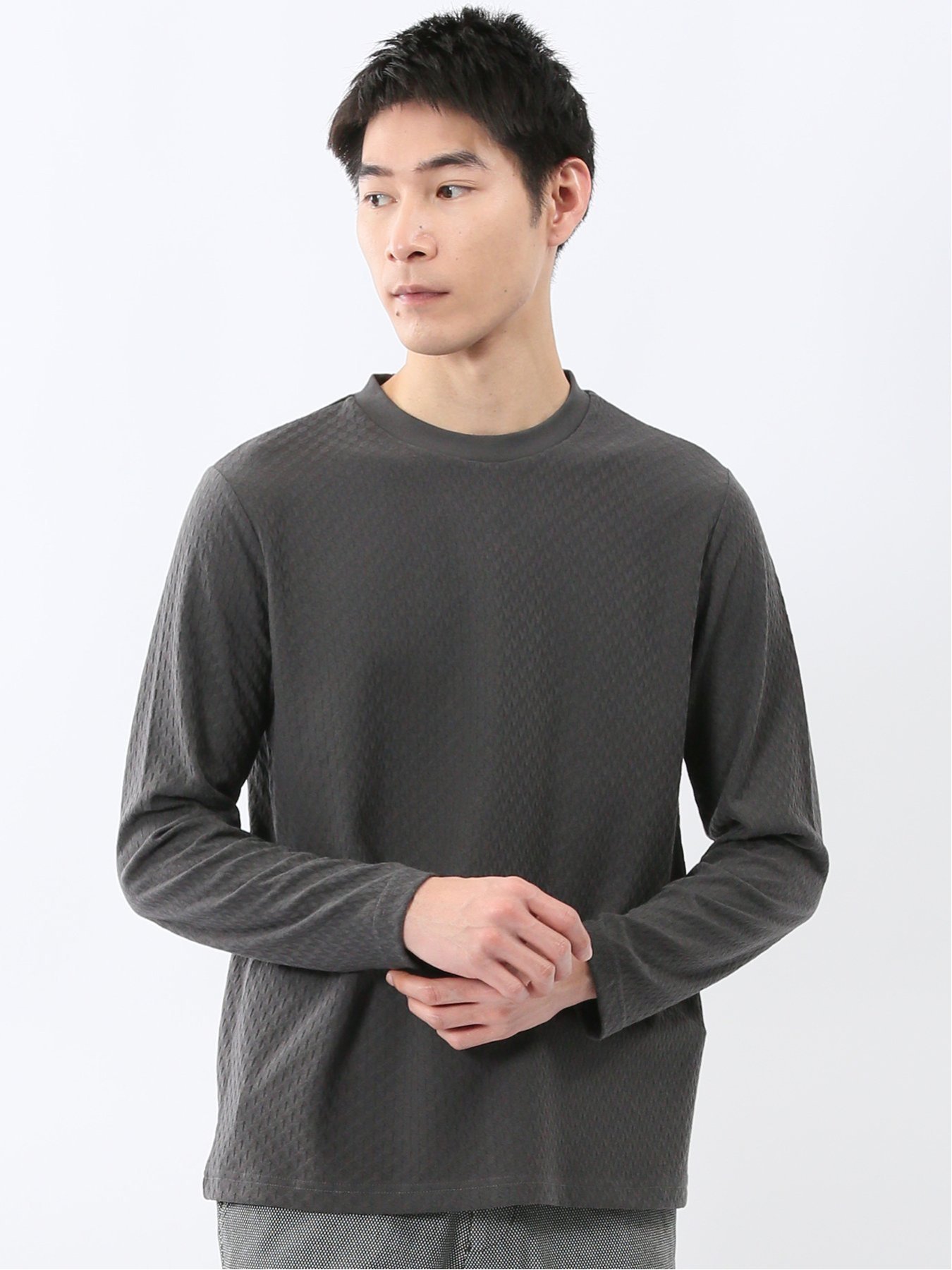 【SALE／10%OFF】m.f.editorial 千鳥ジャガード クルーネック長袖Tシャツ タカキュー トップス カットソー・Tシャツ ホワイト グレー