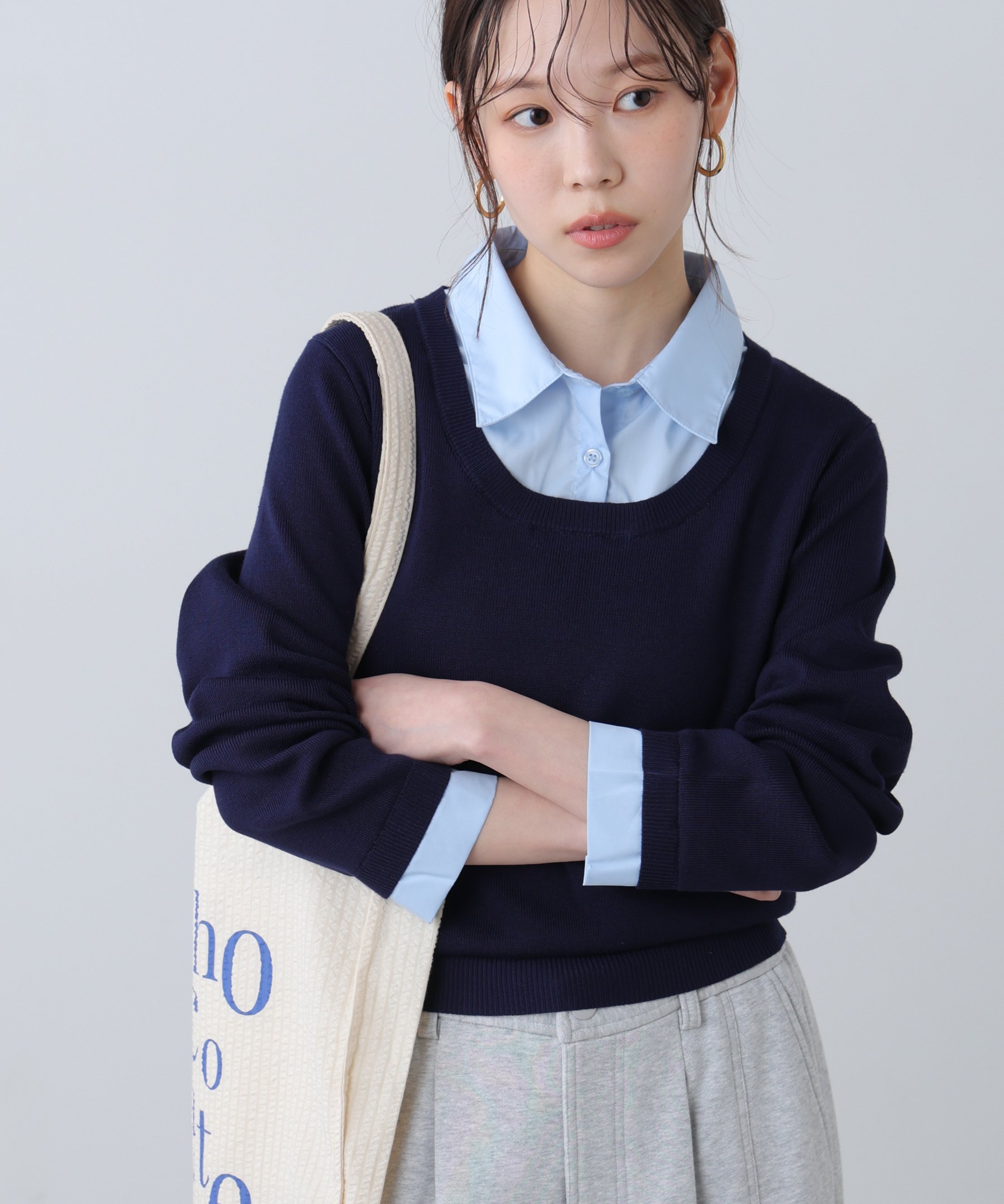 【SALE／50%OFF】FREE'S MART シャツレイヤードクルーネックニット フリーズ マート トップス ニット ネイビー ベージュ グレー