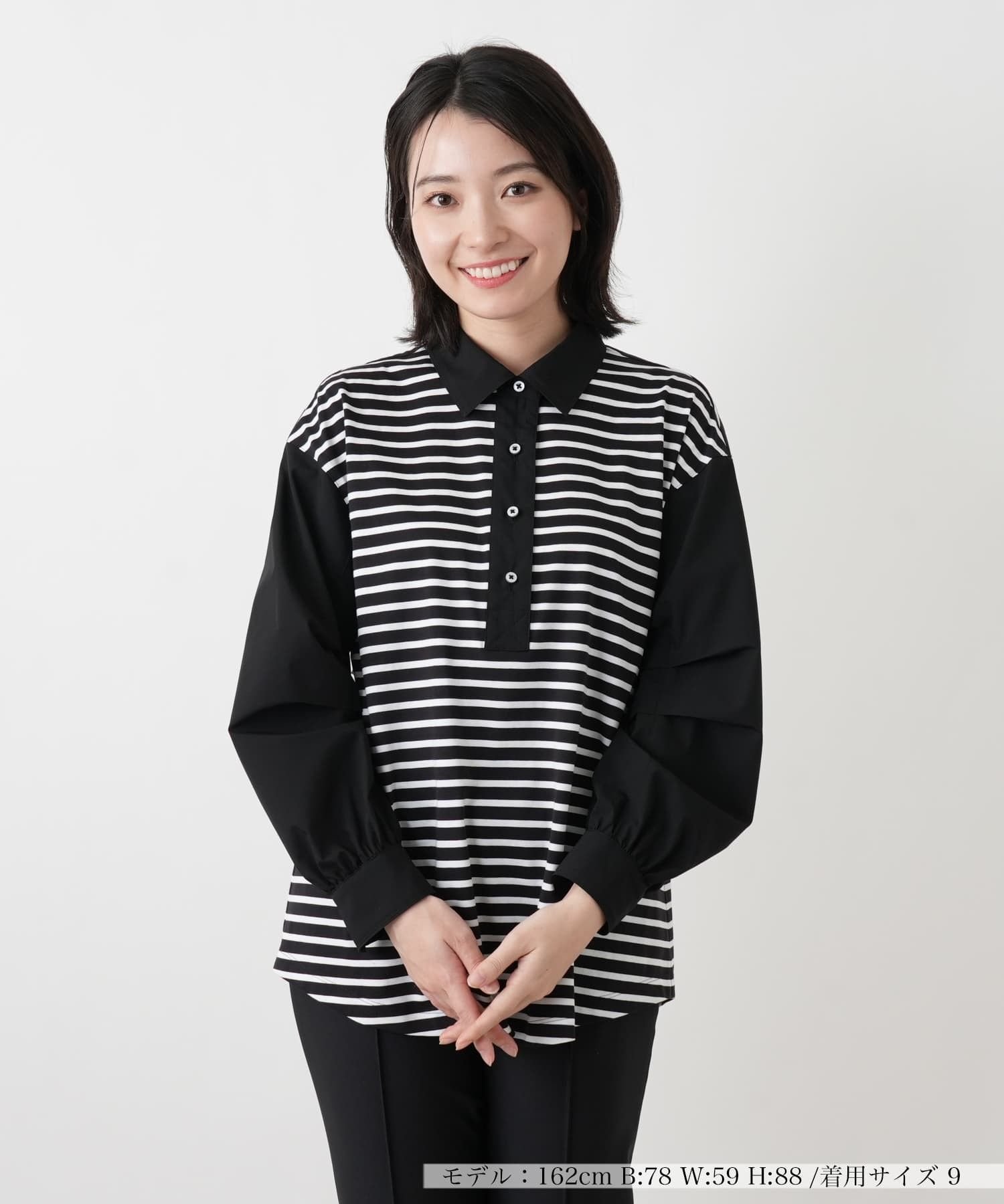Leilian ボーダー切替ポロシャツ【MUSE BY ROCHAS Premiere】 レリアン トップス カットソー・Tシャツ ブラック ネイビー
