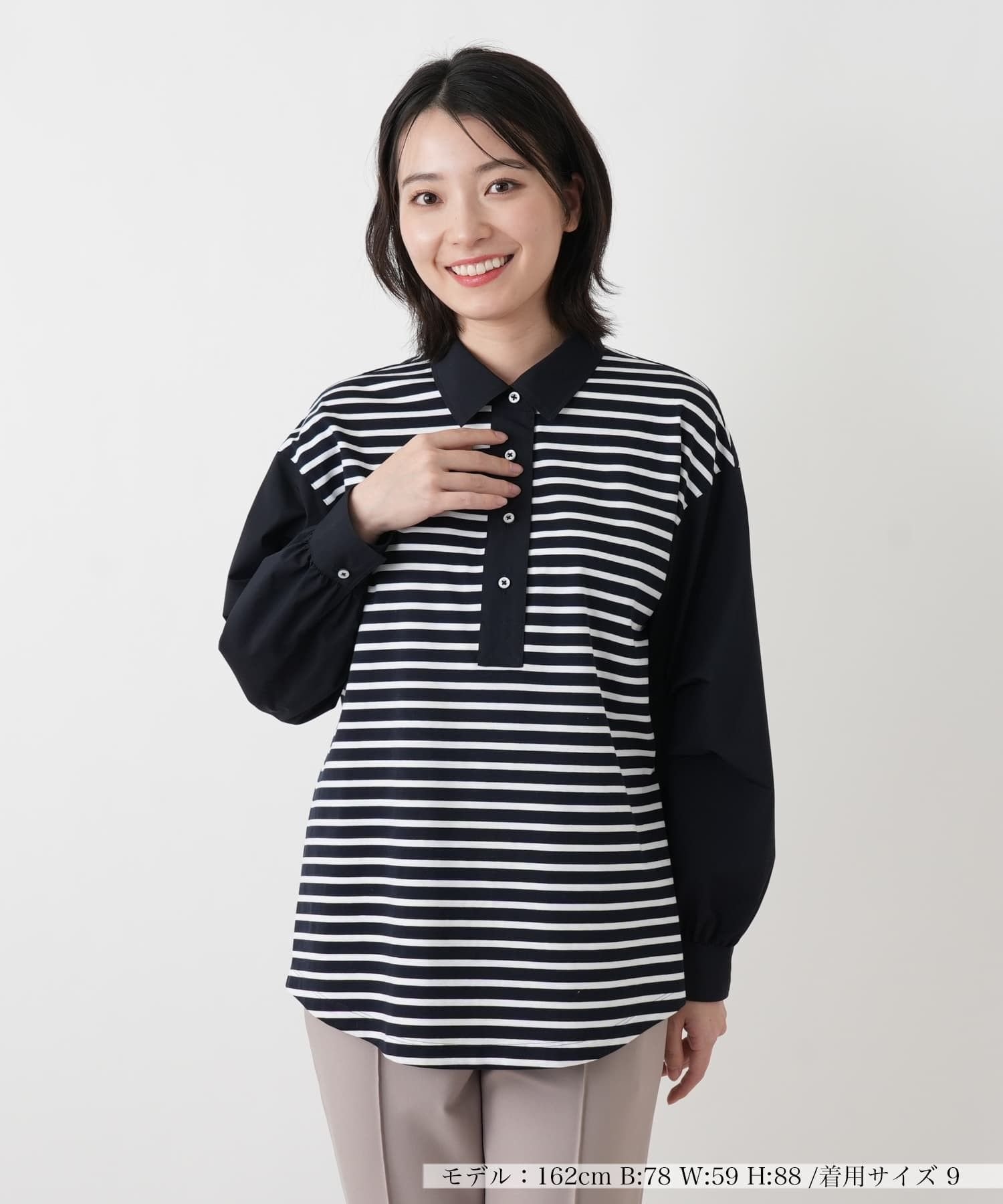 Leilian ボーダー切替ポロシャツ【MUSE BY ROCHAS Premiere】 レリアン トップス カットソー・Tシャツ ブラック ネイビー
