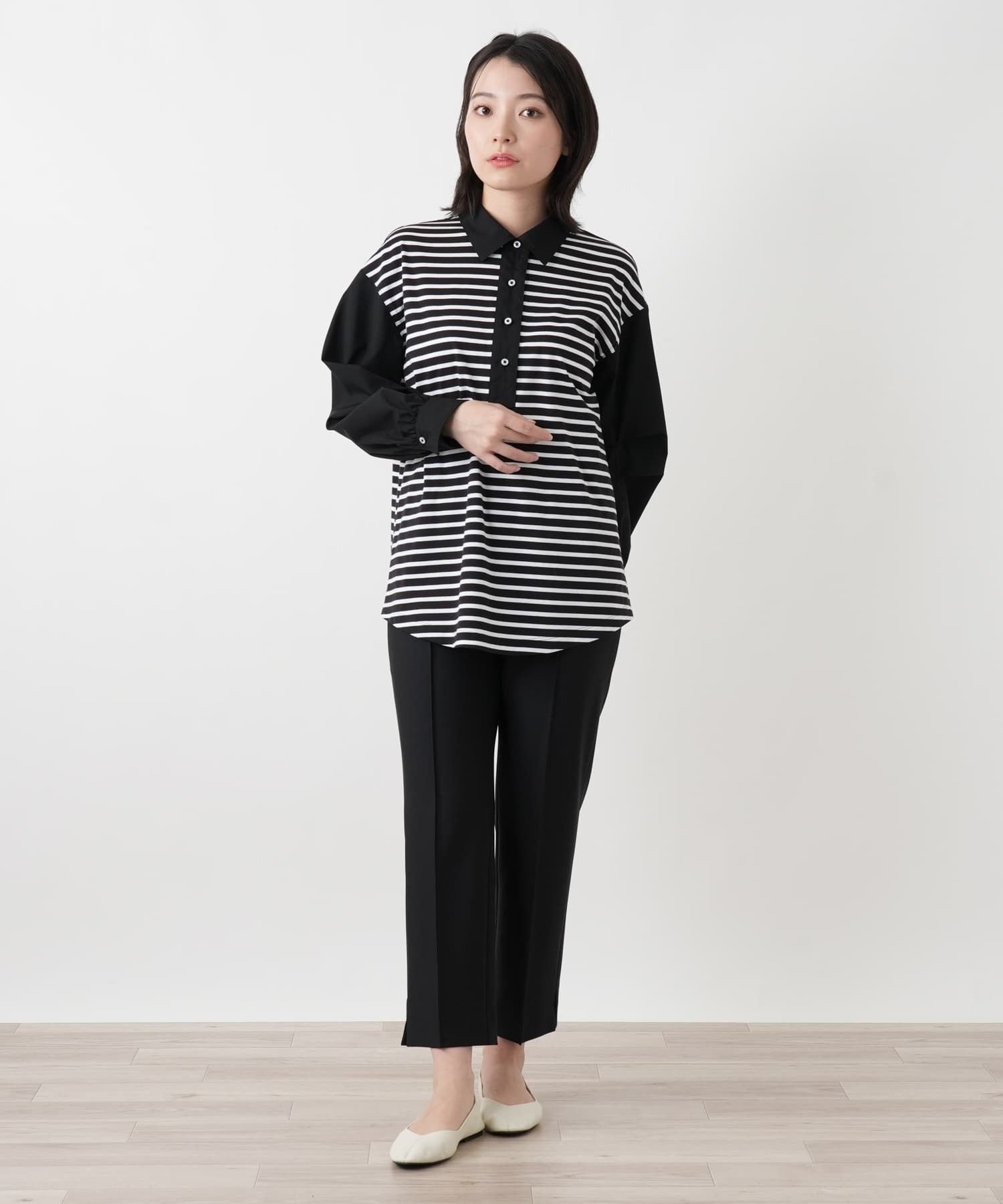 Leilian ボーダー切替ポロシャツ【MUSE BY ROCHAS Premiere】 レリアン トップス カットソー・Tシャツ ブラック ネイビー