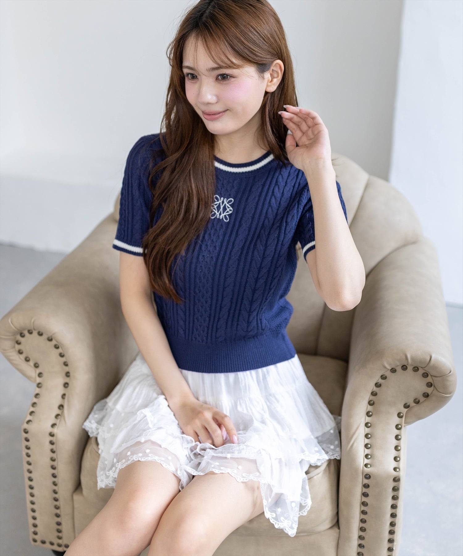 【SALE／44%OFF】clear 配色ラインワンポイント刺繍ニットトップス クリア トップス ニット ネイビー ピンク