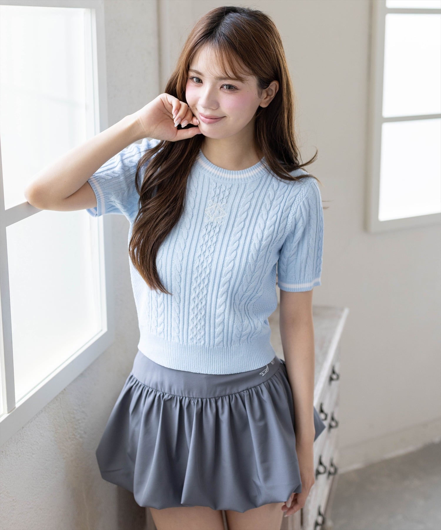 配色ラインワンポイント刺繍ニットトップス クリア トップス ニット ネイビー ピンク
