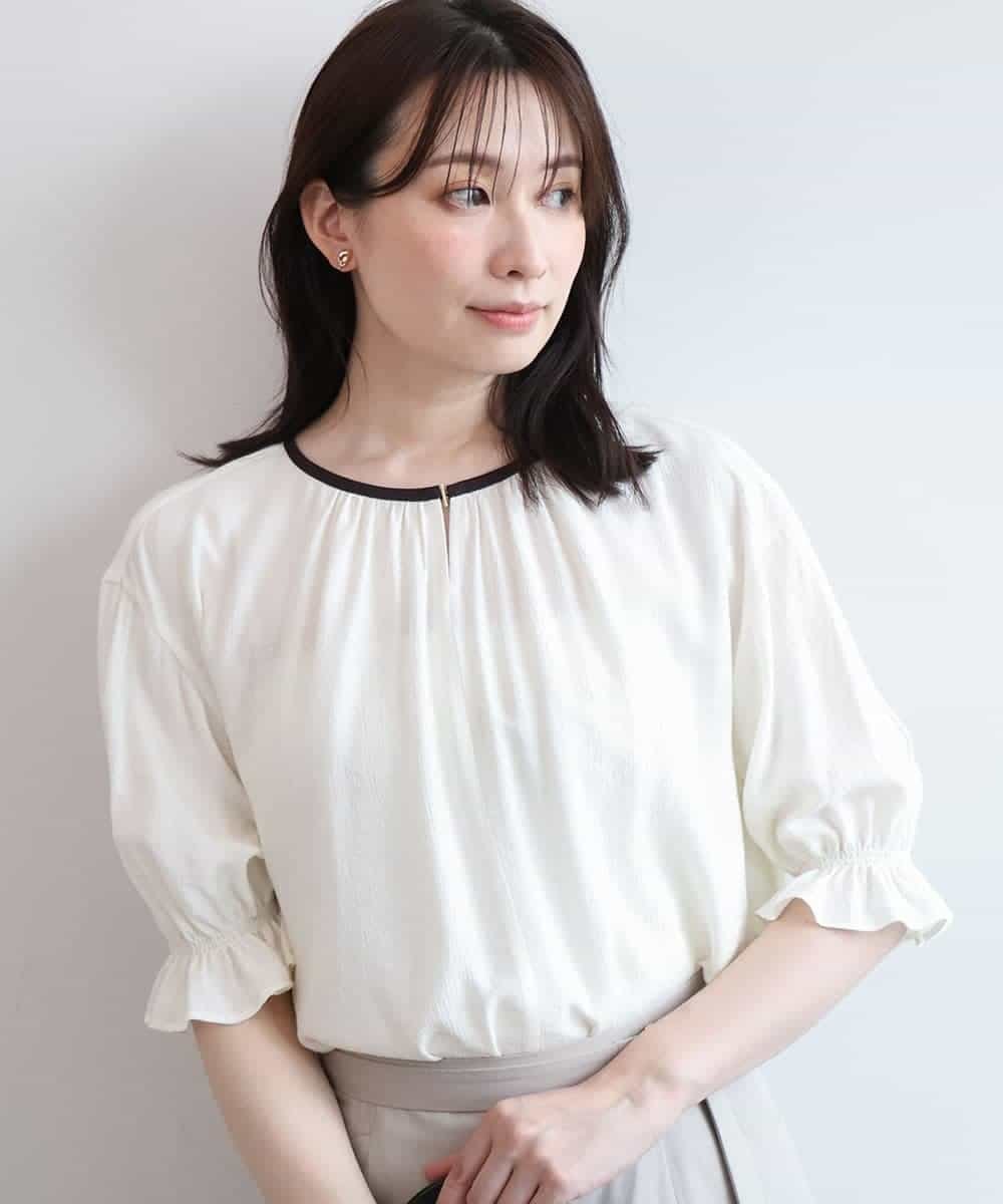 OFUON 配色パイピング楊柳ブラウス/洗える/WEB限定サイズあり オフオン トップス シャツ・ブラウス ホワイト