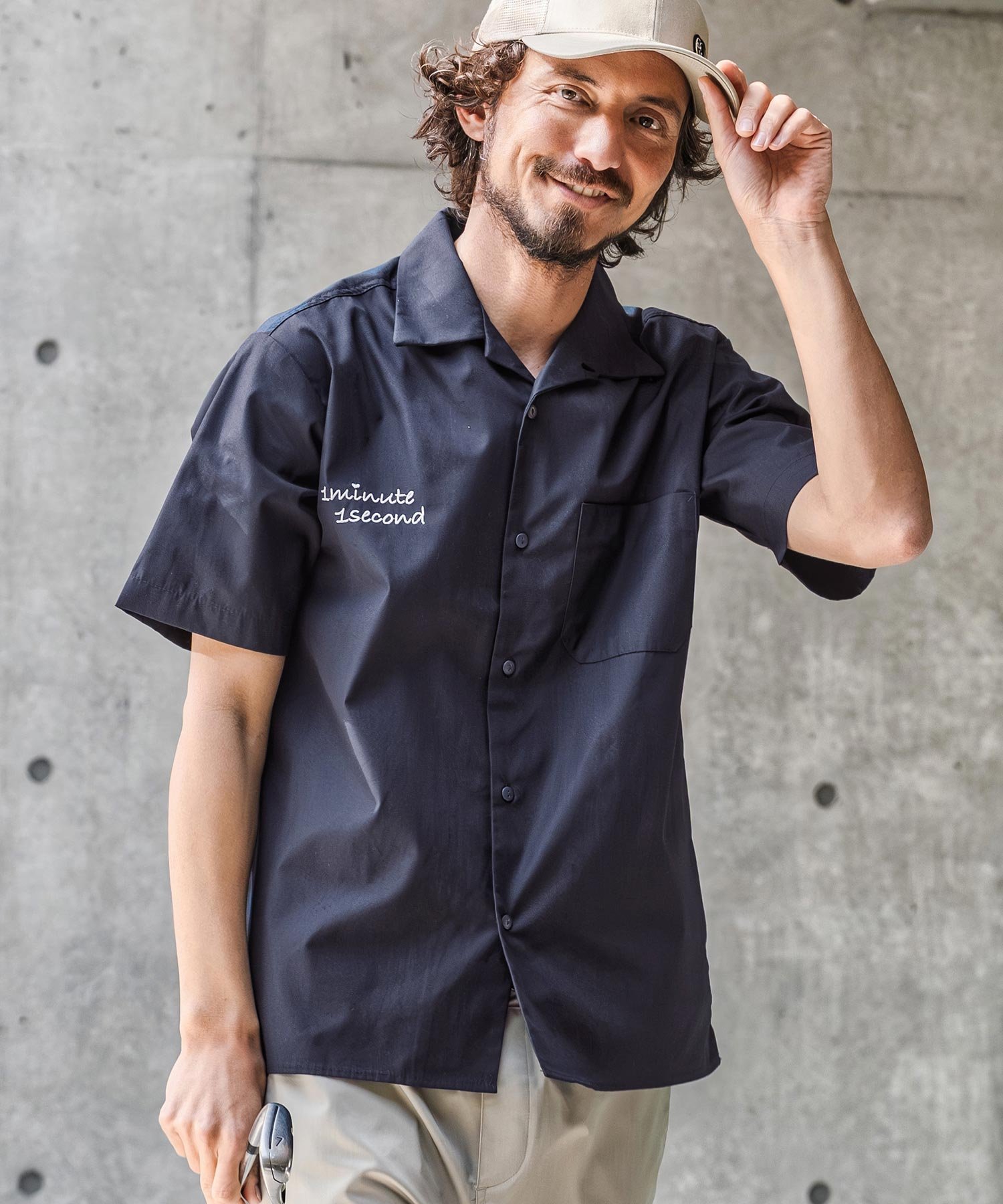 1minute 1second mhs2565-1M1S back-twill open collar shirt オープンカラーシャツ カンビオ トップス シャツ・ブラウス ブラック ネイビー【送料無料】