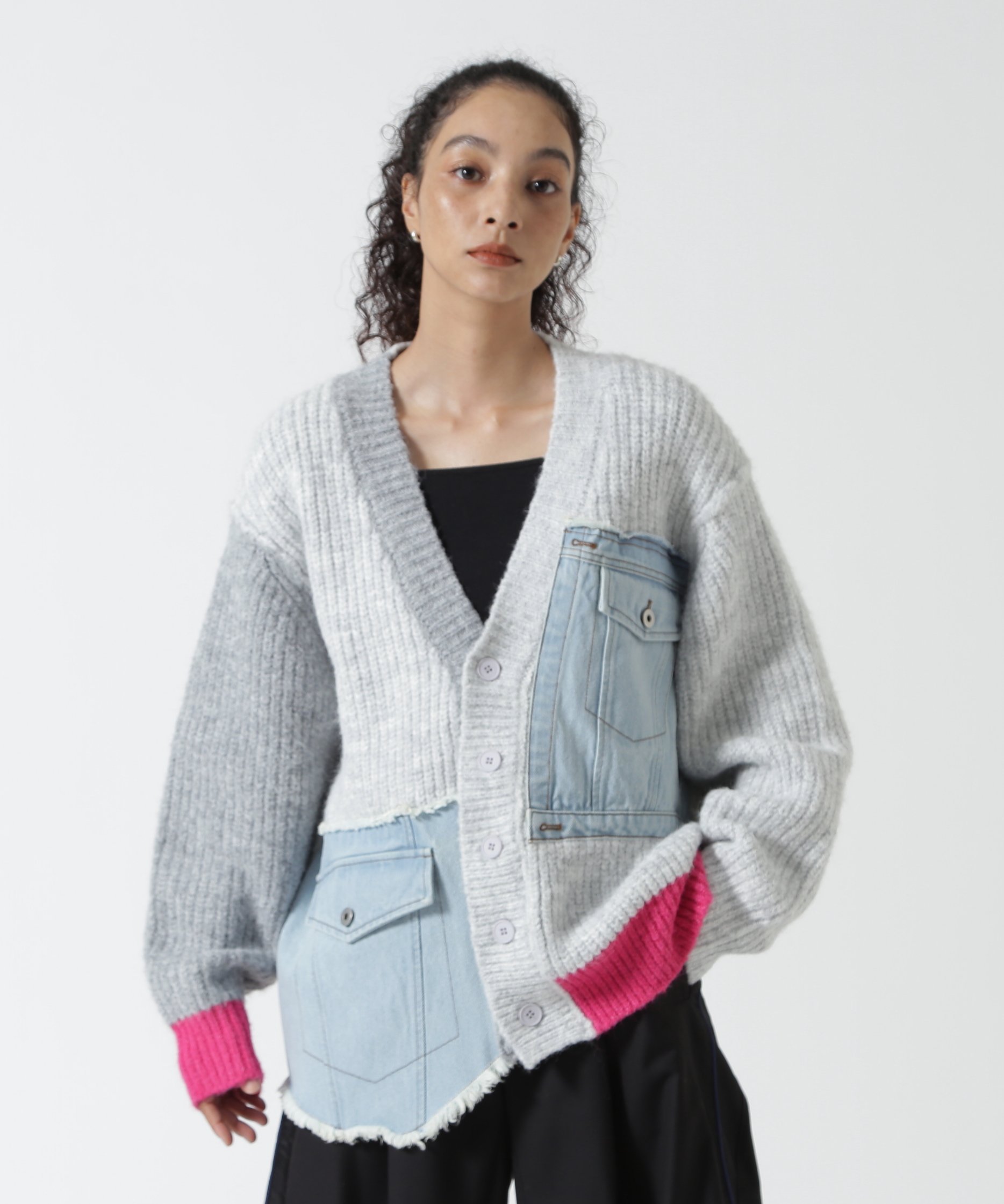 ROYAL FLASH AULA AILA/アウラアイラ/DENIM COMBINATION CARDIGAN ロイヤルフラッシュ トップス カーディガン ブラック【送料無料】