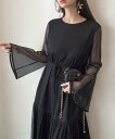 【SALE/71%OFF】JUNOAH Meiru チュールフレアスリーブワンピース ジュノア ワンピース・ドレス ワンピース ベージュ ブラック グレー