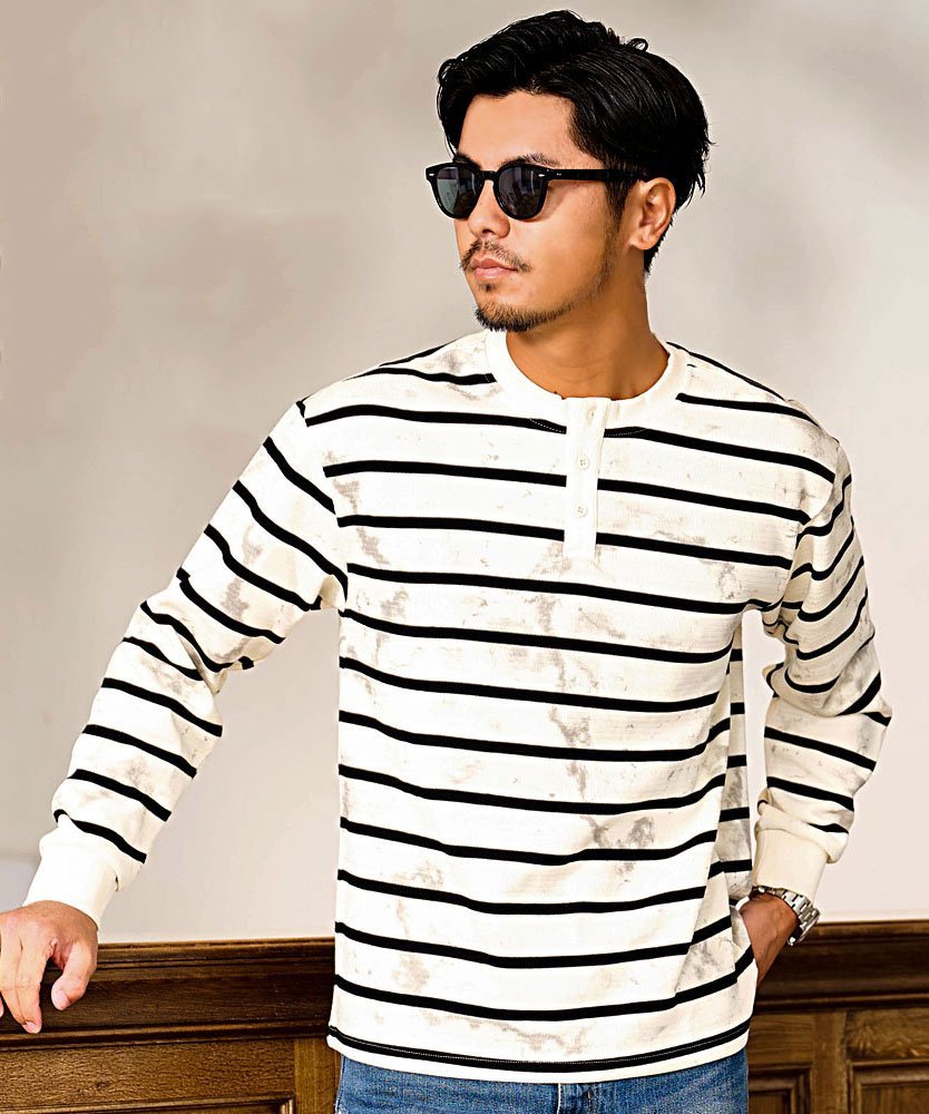 SB select BENUSTA 汚し加工ボーダーヘンリーネック長袖Tシャツ シルバーバレット トップス カットソー・Tシャツ ベージュ ブラック