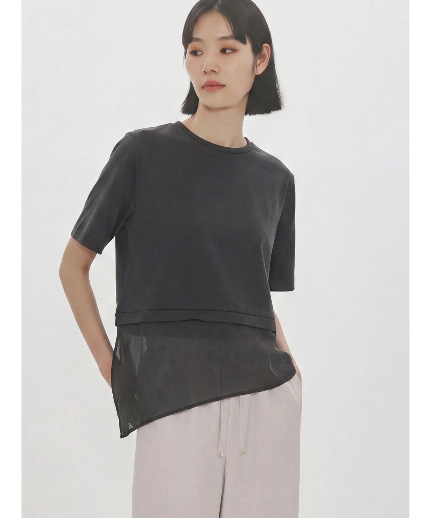 MIDIUMISOLID MIDIUMISOLID for Ladies シアーミックスファブリックTシャツ マーコート トップス カットソー・Tシャツ ブルー ベージュ ブラック