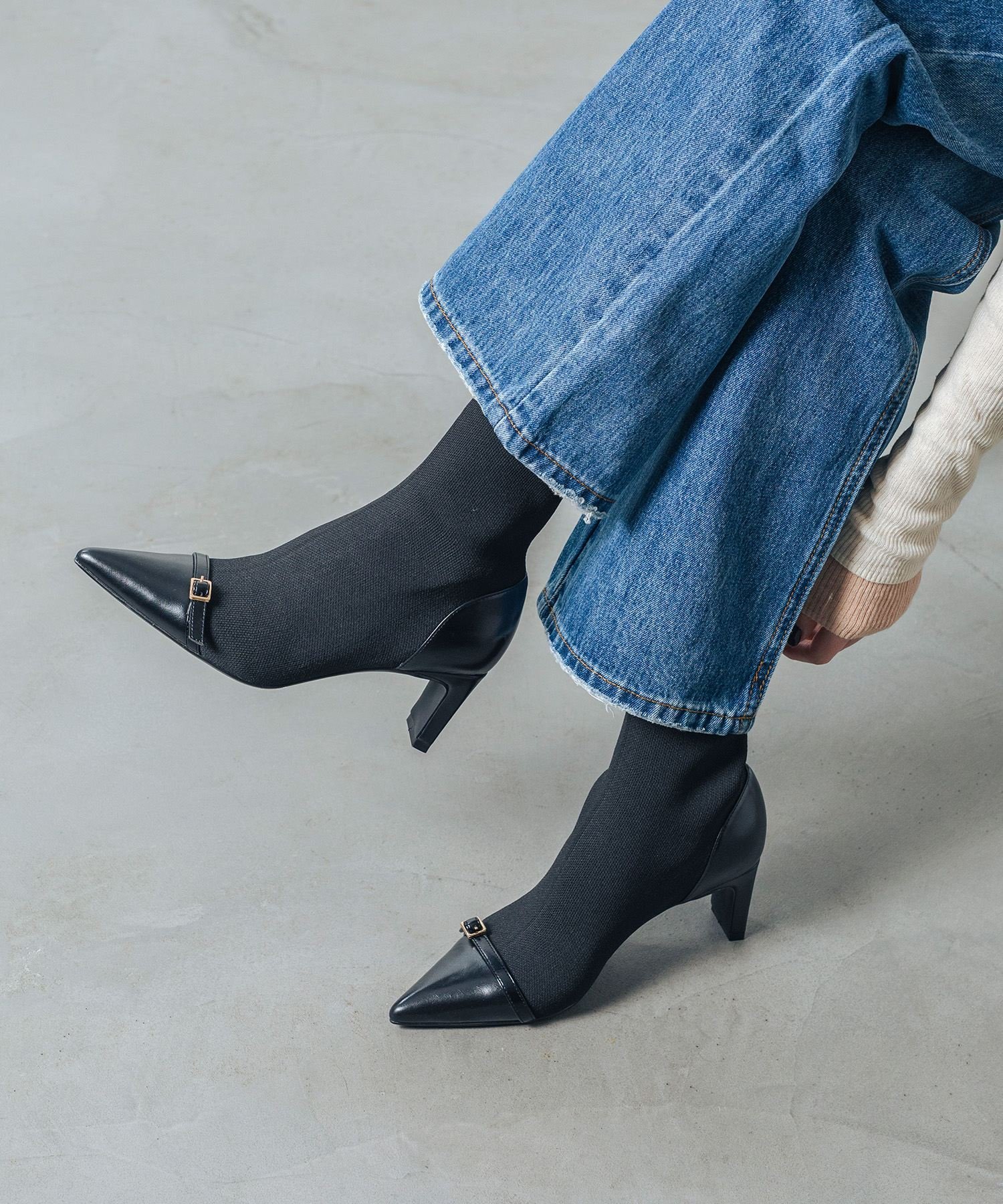 【SALE／50%OFF】EVOL 【S-LLサイズ展開・美脚効果あり】ニットベルトショートブーツ イーボル シューズ・靴 ブーツ ベージュ ブルー【送料無料】