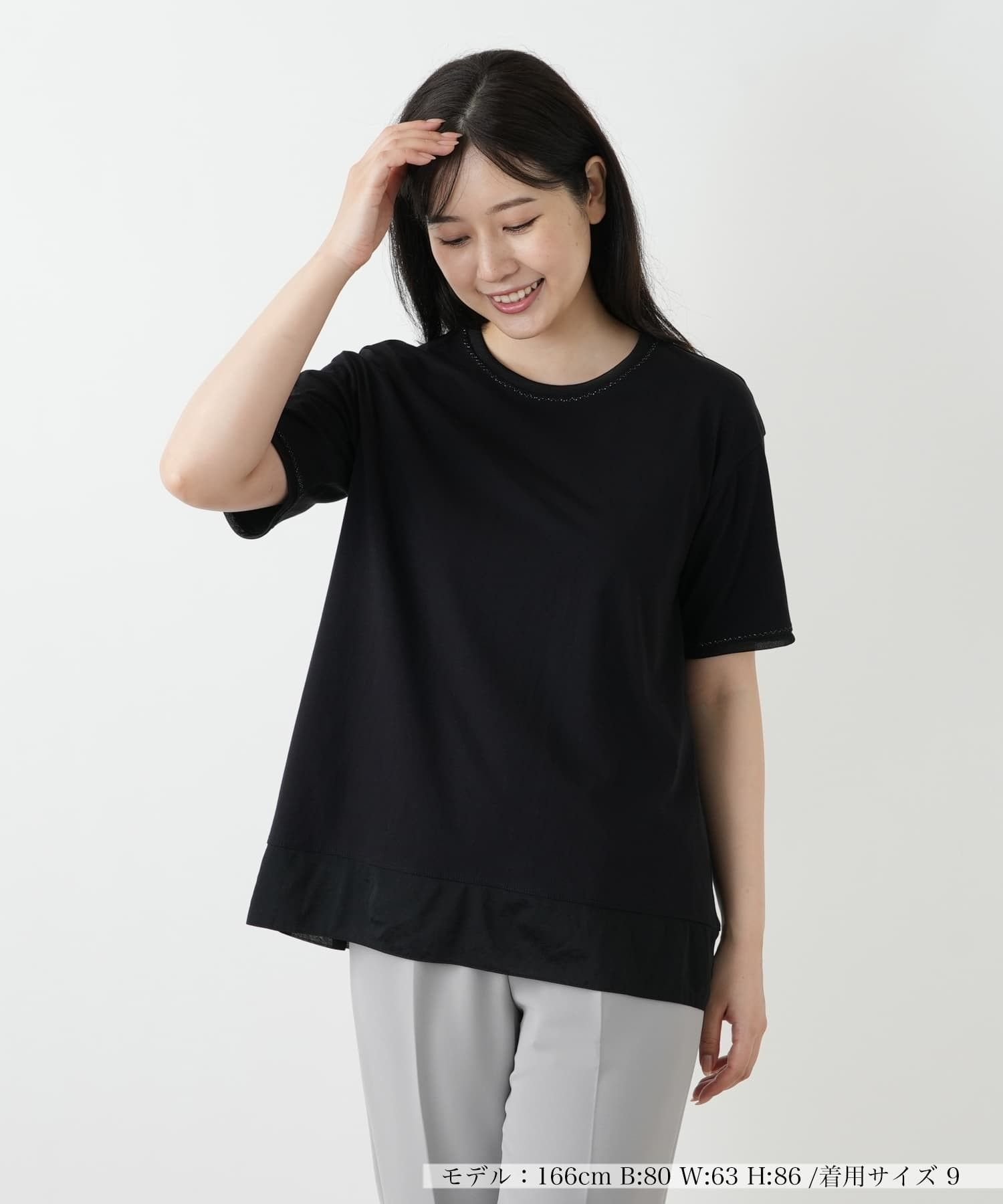 Leilian ラメクルーネックカットソー レリアン トップス カットソー・Tシャツ ブラック ホワイト