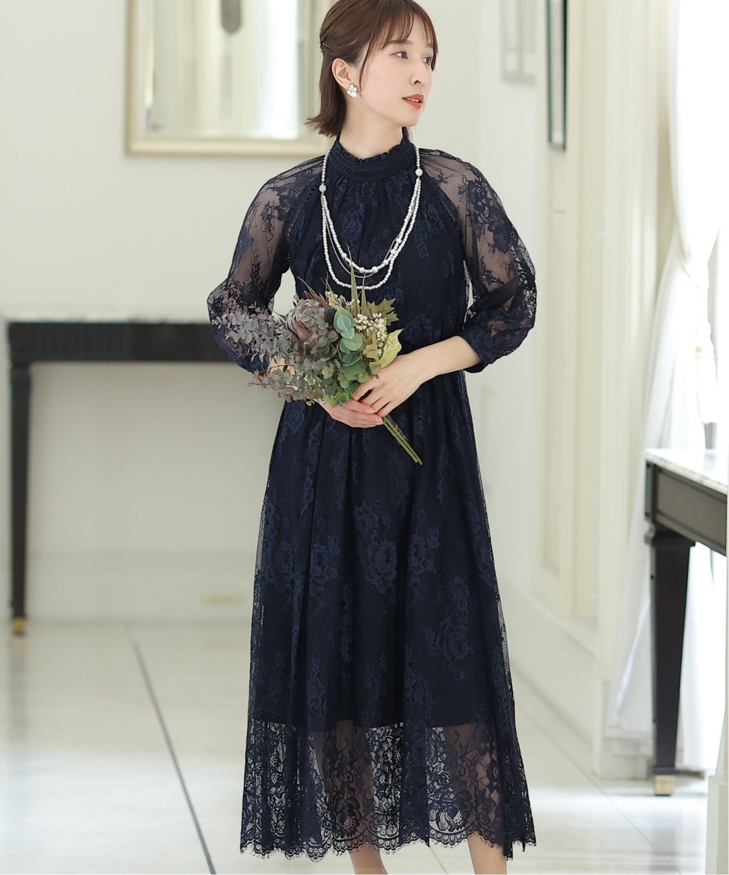 PourVous ハイネックレースワンピース結婚式パーティードレスお呼ばれオケージョンドレス同窓会 プールヴー ワンピース・ドレス ドレス カーキグリーン ブルー パープル ベージュ ネイビー【送料無料】