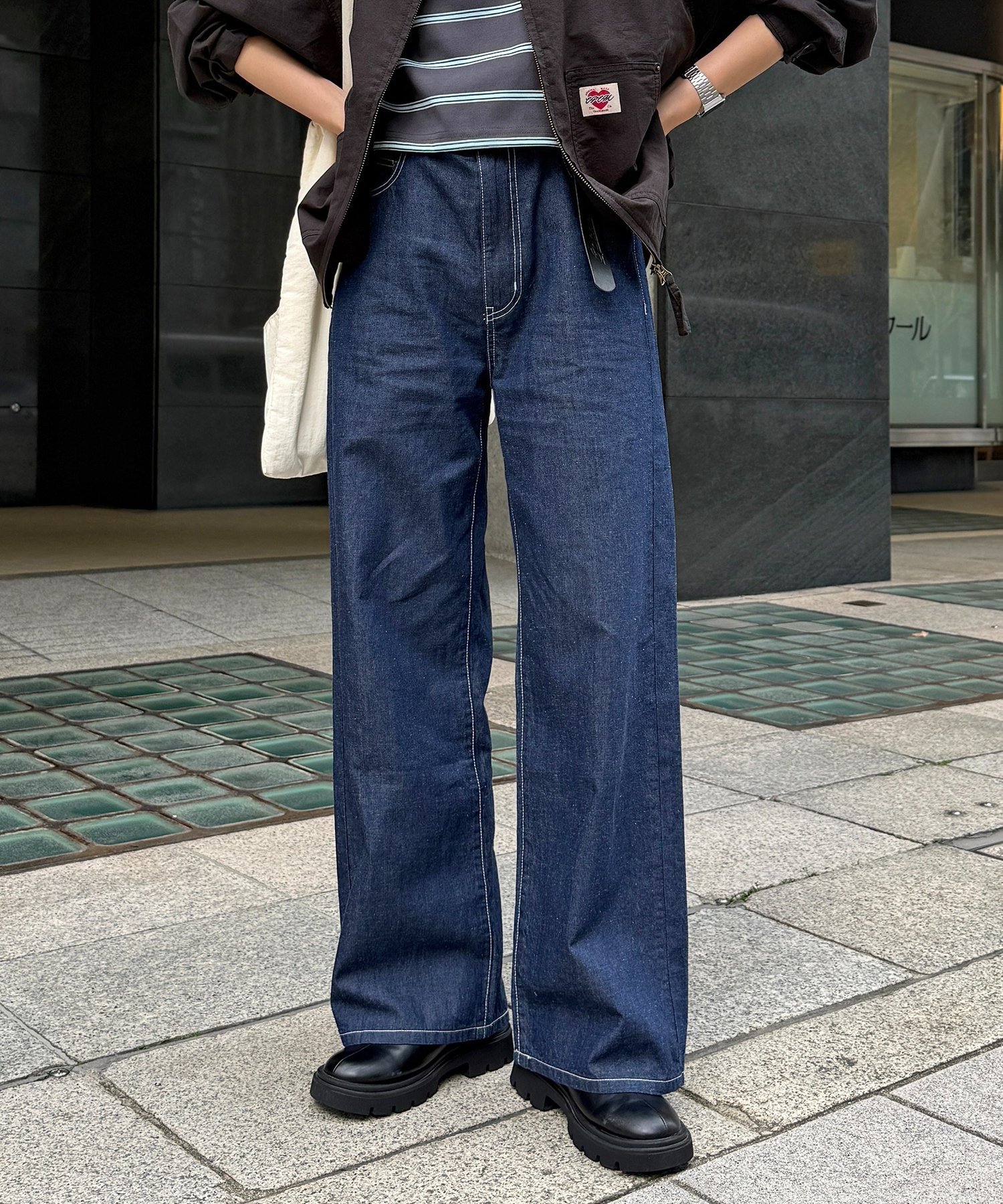 CPCM ハイウエストストレート麻混デニム シーピーシーエム パンツ その他のパンツ ブルー ネイビー【送料無料】