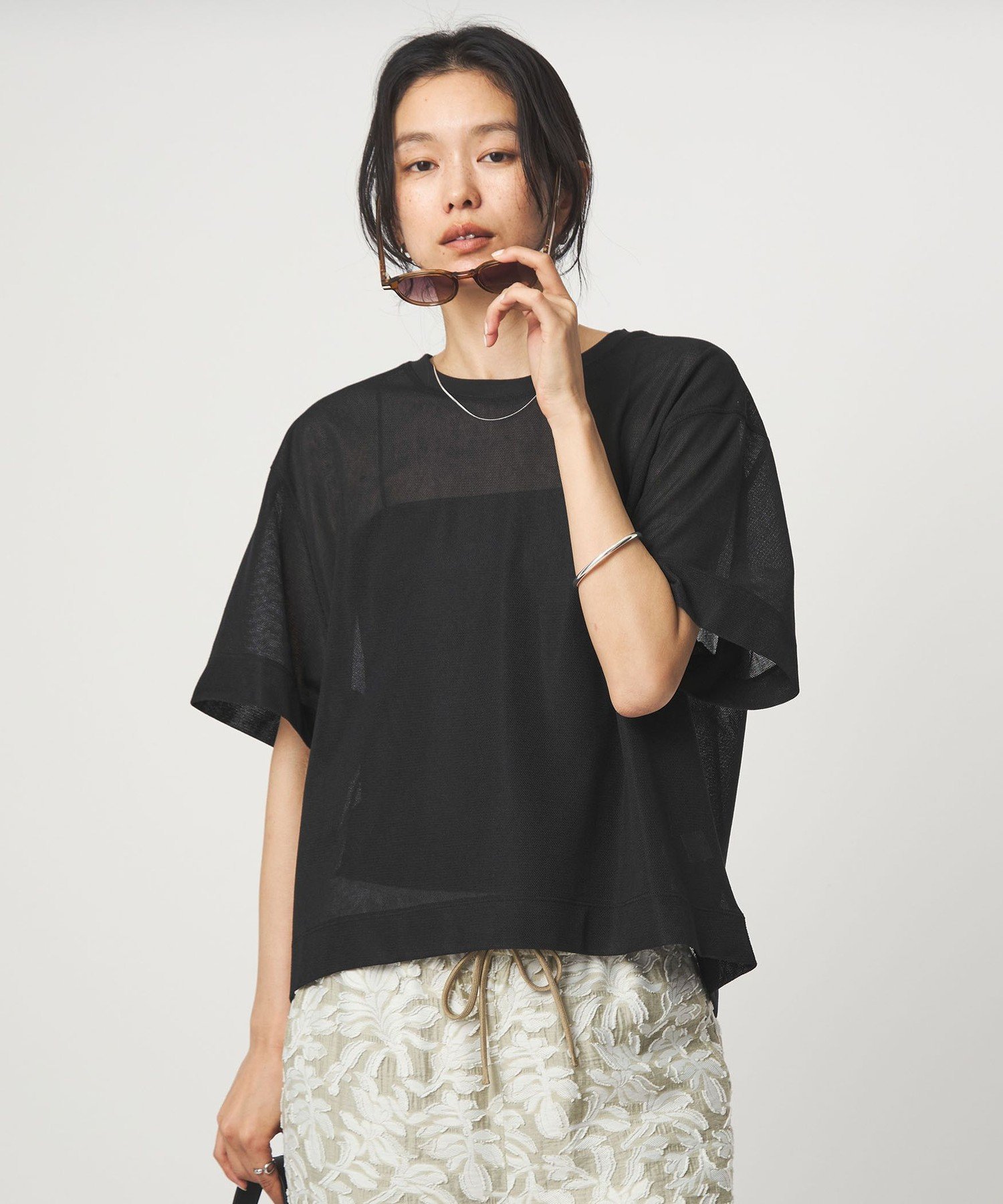 シアー メッシュ クルーネック プルオーバー カットソー ユナイテッドアローズ グリーンレーベルリラクシング トップス カットソー・Tシャツ ブラック ブラウン ホワイト