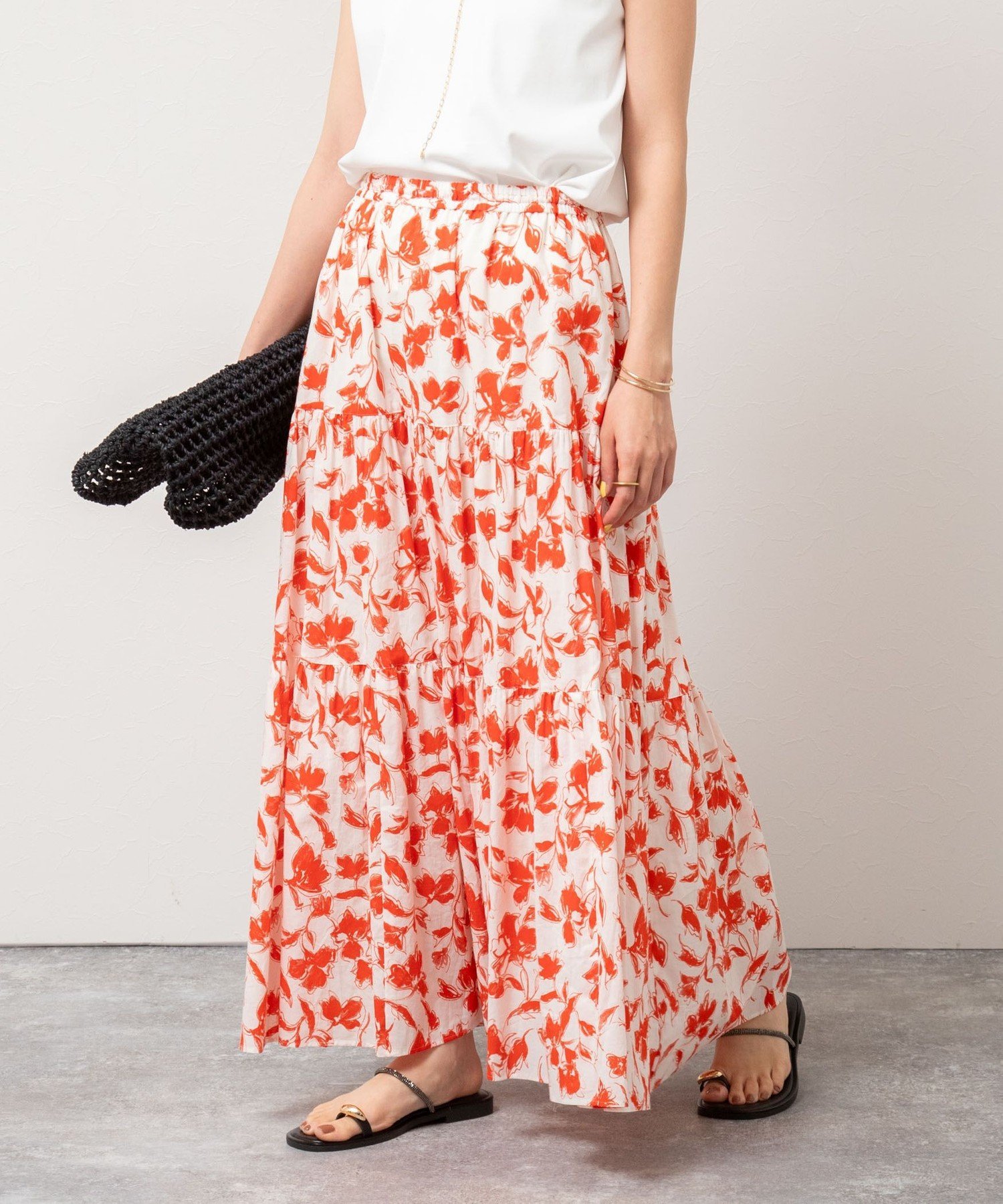 【SALE／30%OFF】NOLLEY'S sophi アートフラワーティアードスカート ノーリーズ スカート ロング・マキシスカート ブラック オレンジ【送料無料】のサムネイル