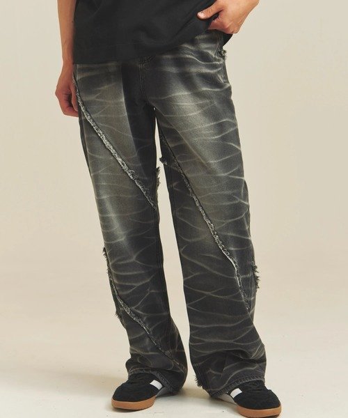 JACKROSE JE-SELECT-ナナメ切替・ブラスト加工/デニムパンツ(MENS) ジャックローズ パンツ その他のパンツ ブルー ブラック