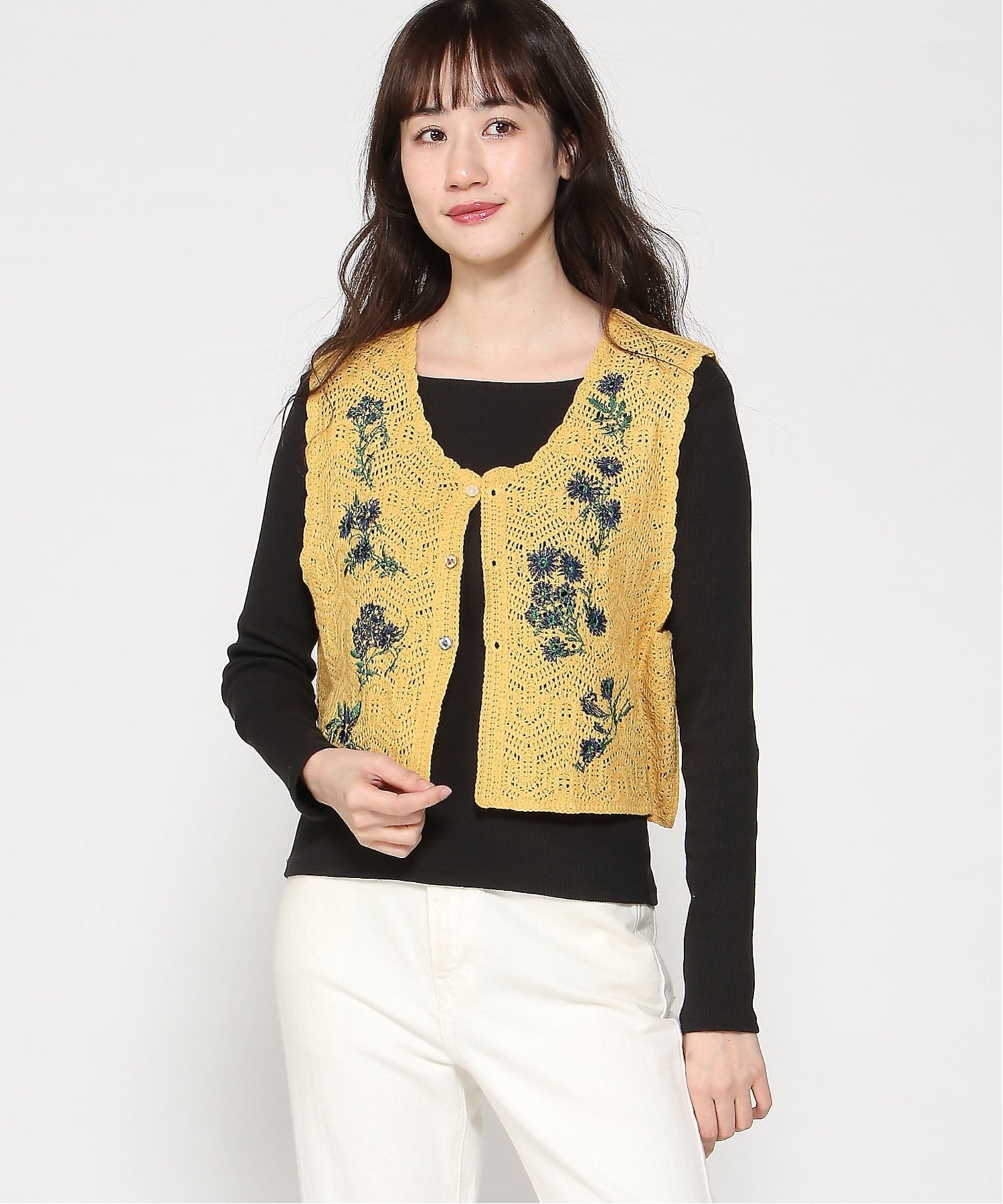 【SALE／30%OFF】SUPER HAKKA フラワーフォール刺繍コットンニットベスト スーパーハッカ トップス ベスト・ジレ ホワイト イエロー ネイビー【送料無料】