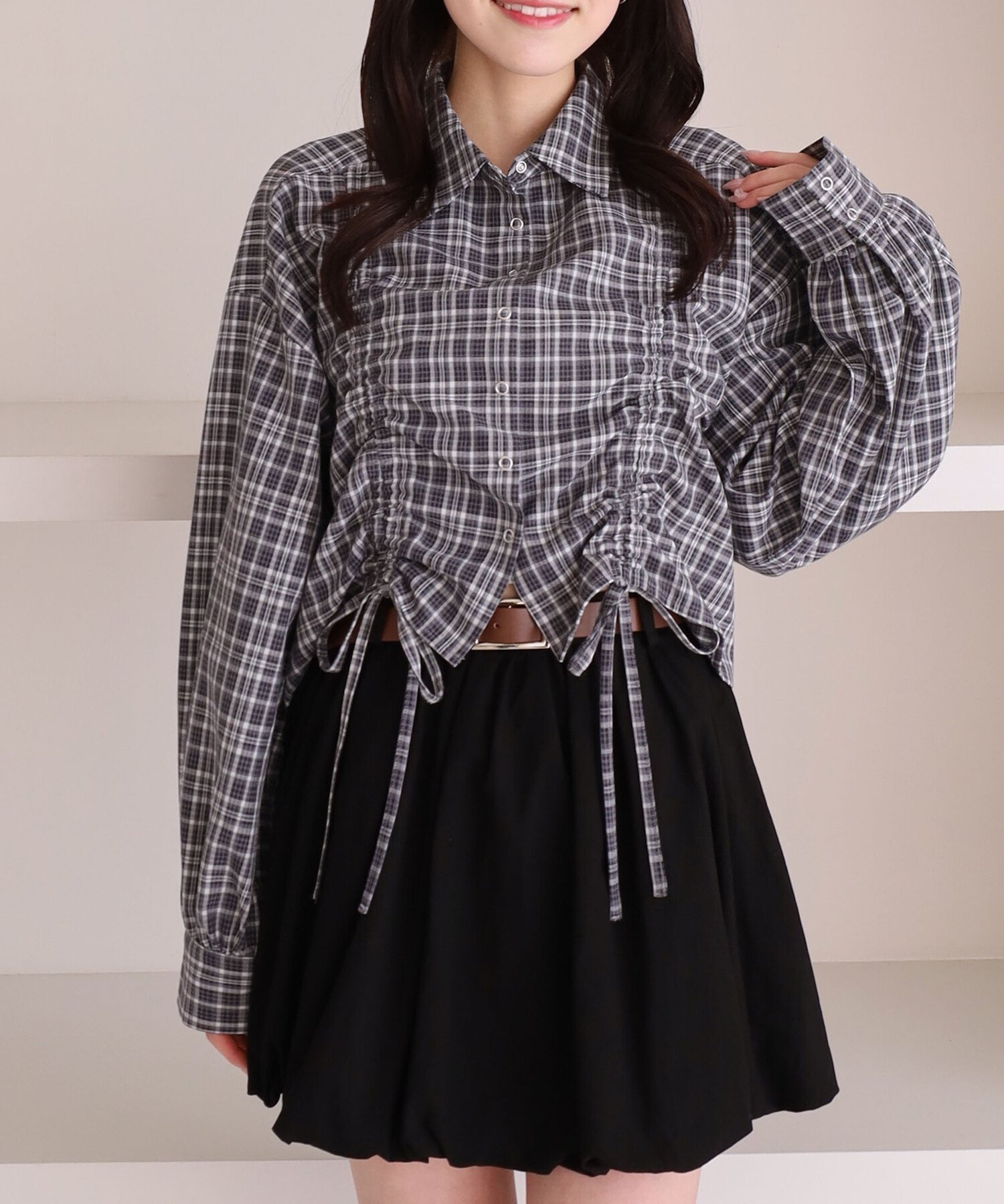 【SALE／30%OFF】archives チェックショートドロストシャツ アルシーヴ トップス シャツ・ブラウス ブルー ブラウン ブラック【送料無料】