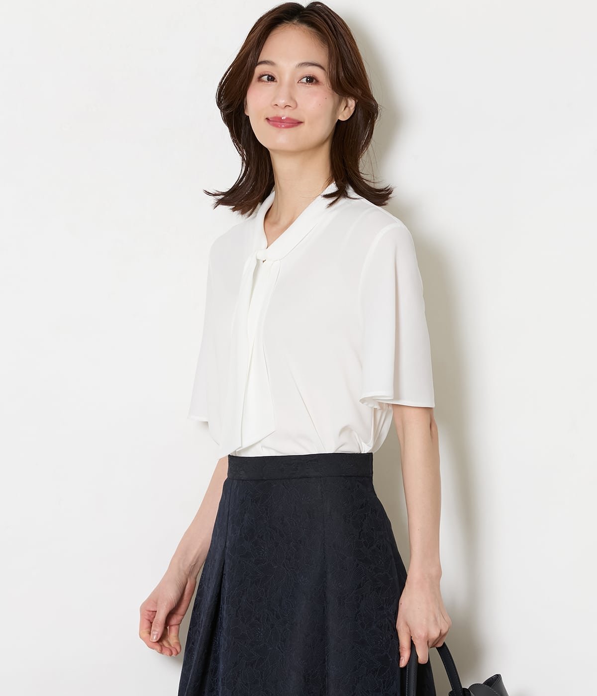 NEWYORKER WOMEN L-SIZE 【L】ソフトジョーゼット フレア5分袖ボウタイブラウス ニューヨーカー エルサイズ トップス シャツ・ブラウス ホワイト イエロー