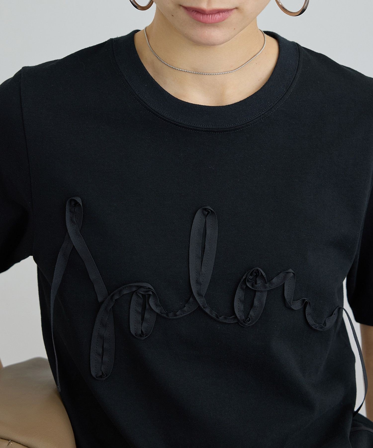 SALON adam et rope' テープ刺繍コンパクトTシャツ サロン アダム エ ロペ トップス カットソー・Tシャツ ブラック ホワイト【送料無料】