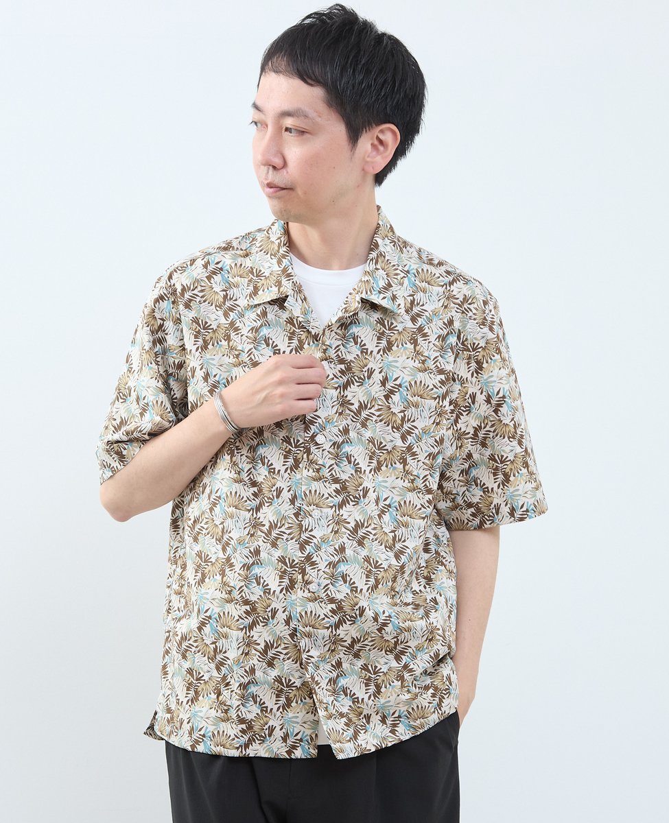 MEN'S MELROSE ボタニカルプリント半袖オープンカラーシャツ メンズメルローズ トップス シャツ・ブラウス ベージュ ホワイト