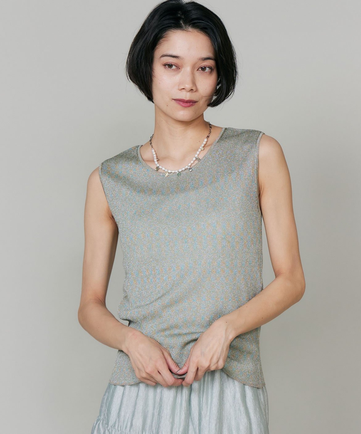INED リブタンクトップニット イネド トップス その他のトップス グリーン ホワイト