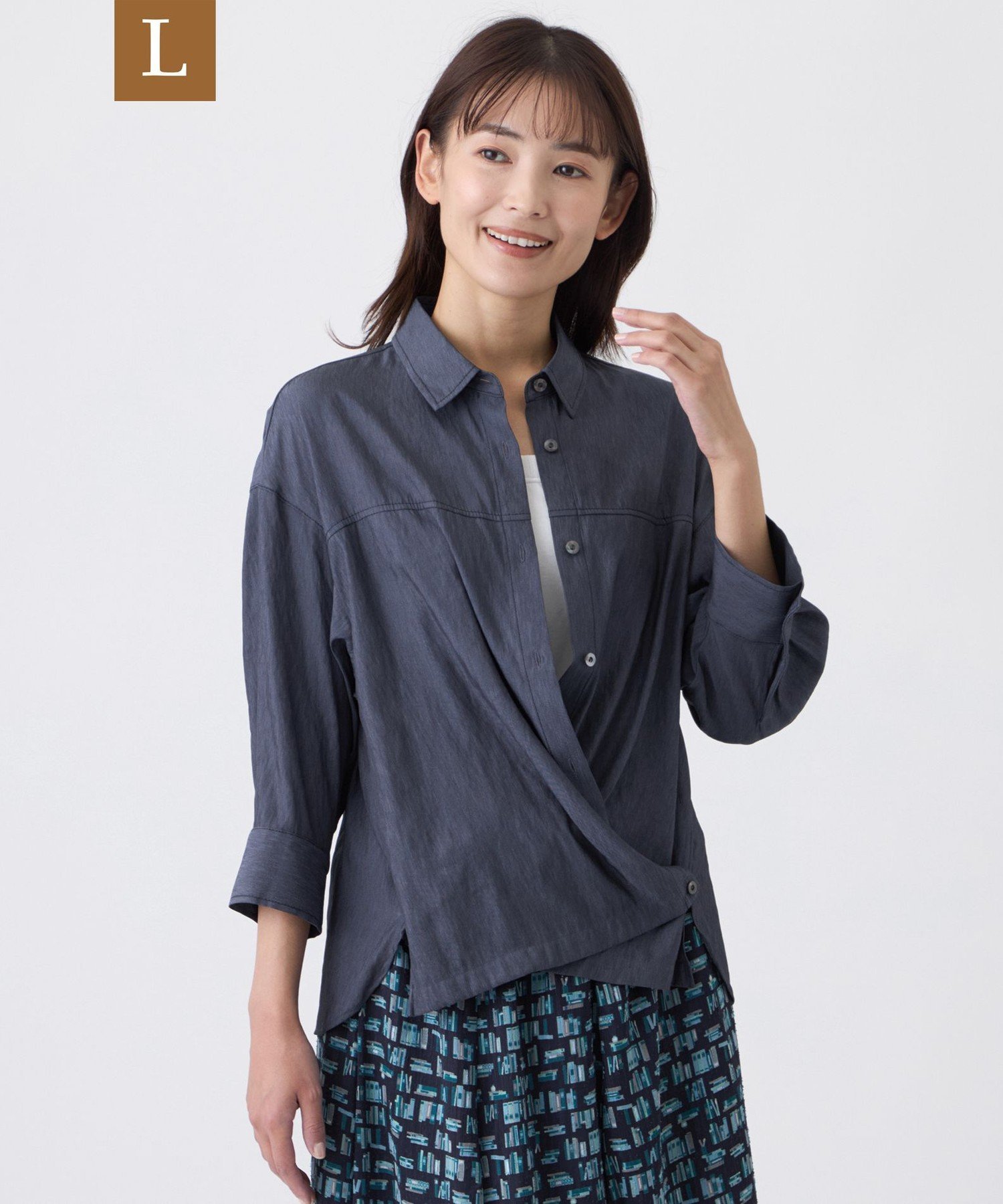 TRANS WORK 【L】【ウォッシャブル】ブライトシャンブレーブラウス サンヨー エルサイズ トップス シャツ・ブラウス ネイビー カーキグリーン