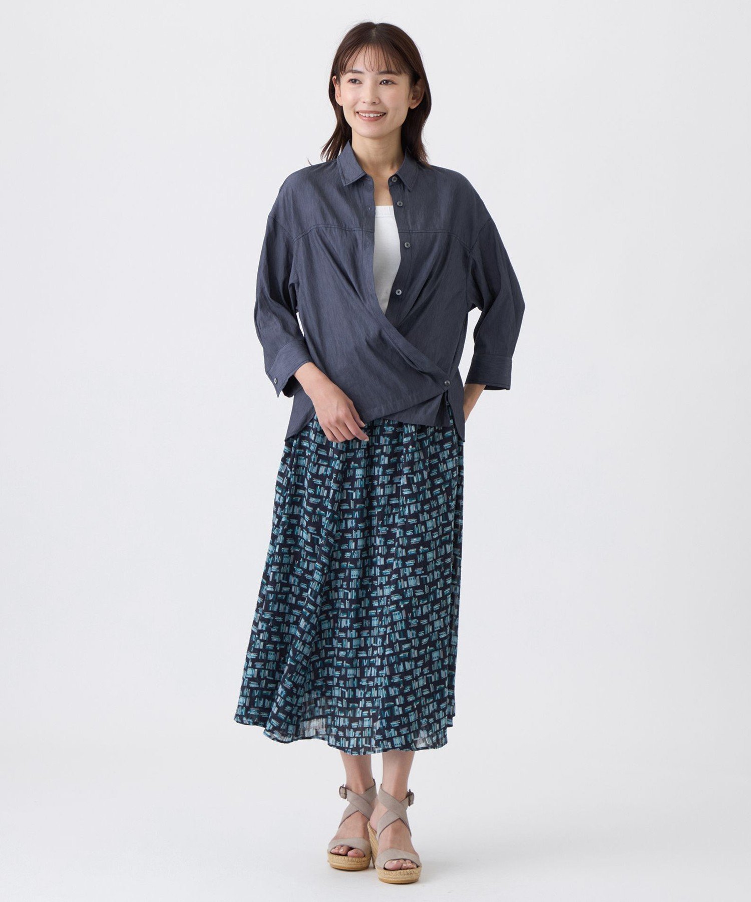 TRANS WORK 【L】【ウォッシャブル】ブライトシャンブレーブラウス サンヨー エルサイズ トップス シャツ・ブラウス ネイビー カーキグリーン