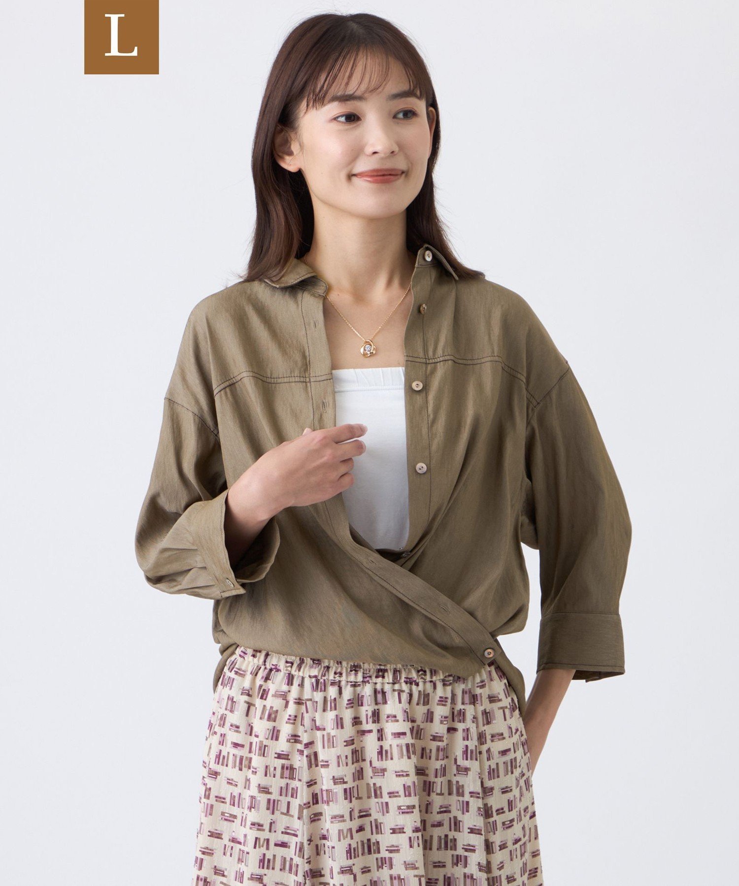 TRANS WORK 【L】【ウォッシャブル】ブライトシャンブレーブラウス サンヨー エルサイズ トップス シャツ・ブラウス ネイビー カーキグリーン