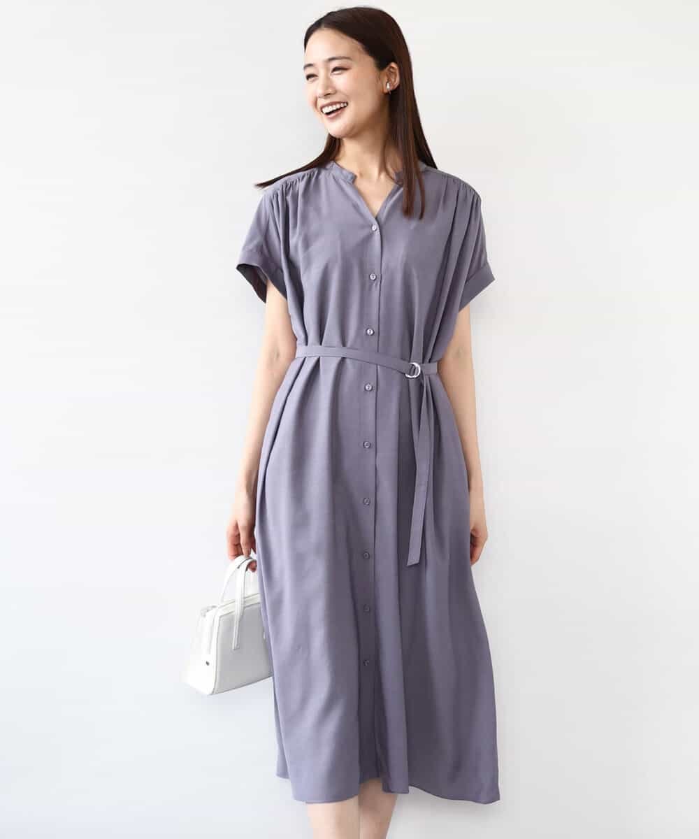 MK MICHEL KLEIN ベルト付きキーネックワンピース/洗える エムケーミッシェルクラン ワンピース・ドレス ワンピース ブラウン パープル【送料無料】