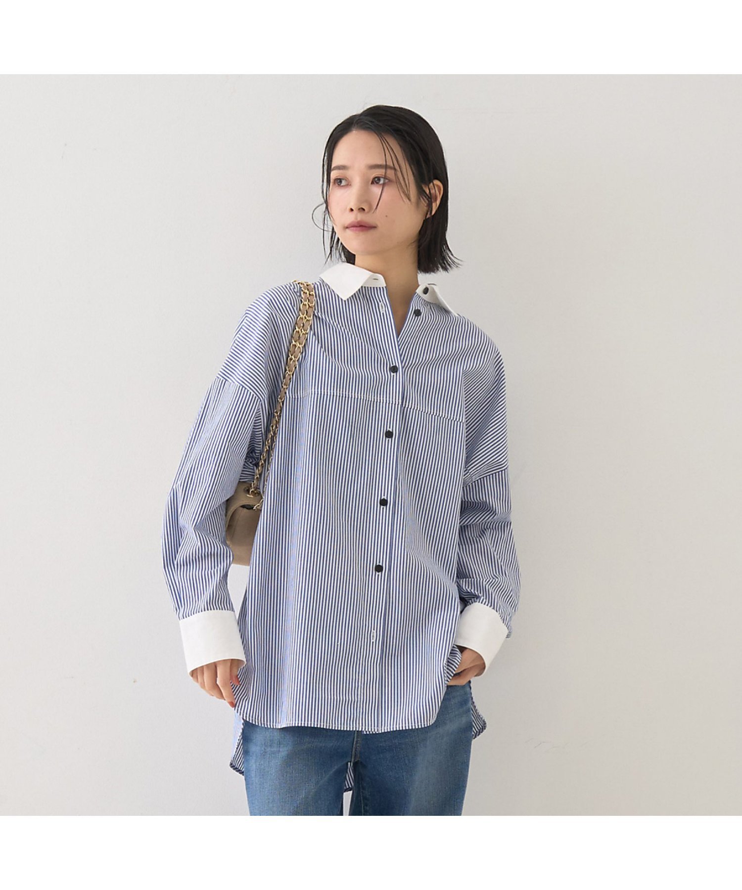 Rouge vif la cle コットンストライプクレリックシャツ ルージュ・ヴィフ ラクレ トップス シャツ・ブラウス ネイビー ブルー