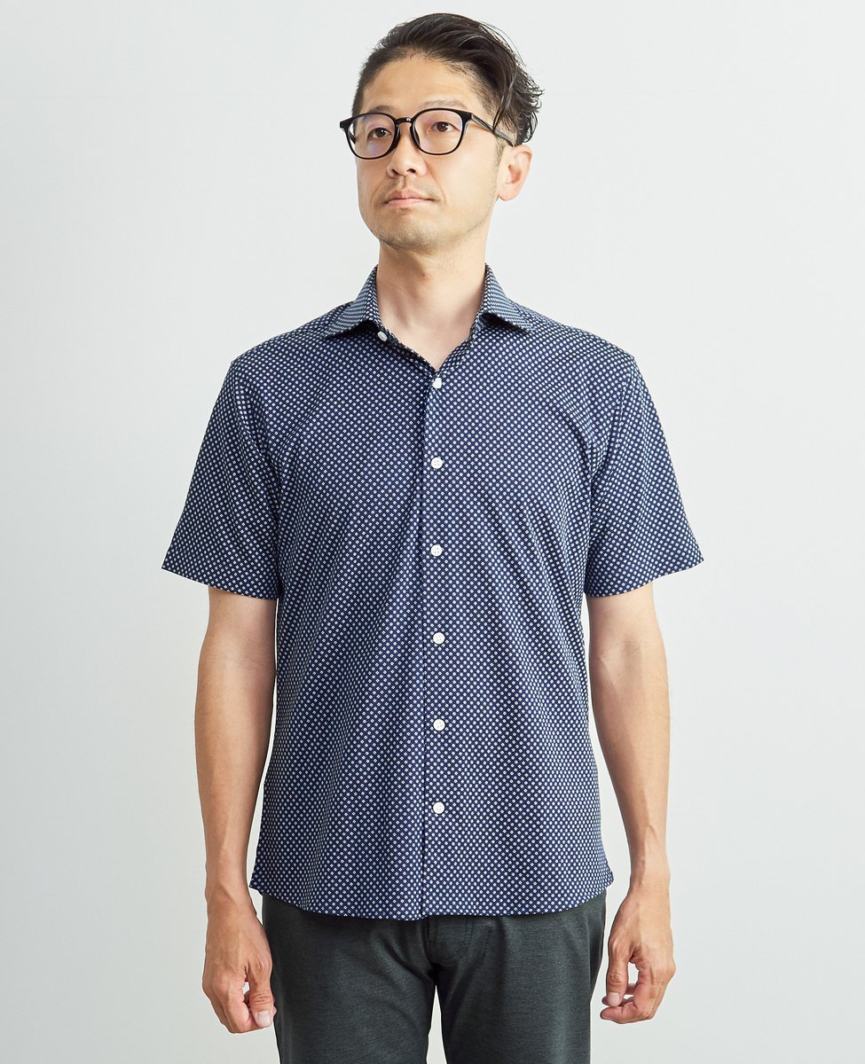 MEN'S MELROSE プレミアムジャージワイドカラー半袖シャツ メンズメルローズ トップス シャツ・ブラウス ネイビー ブルー