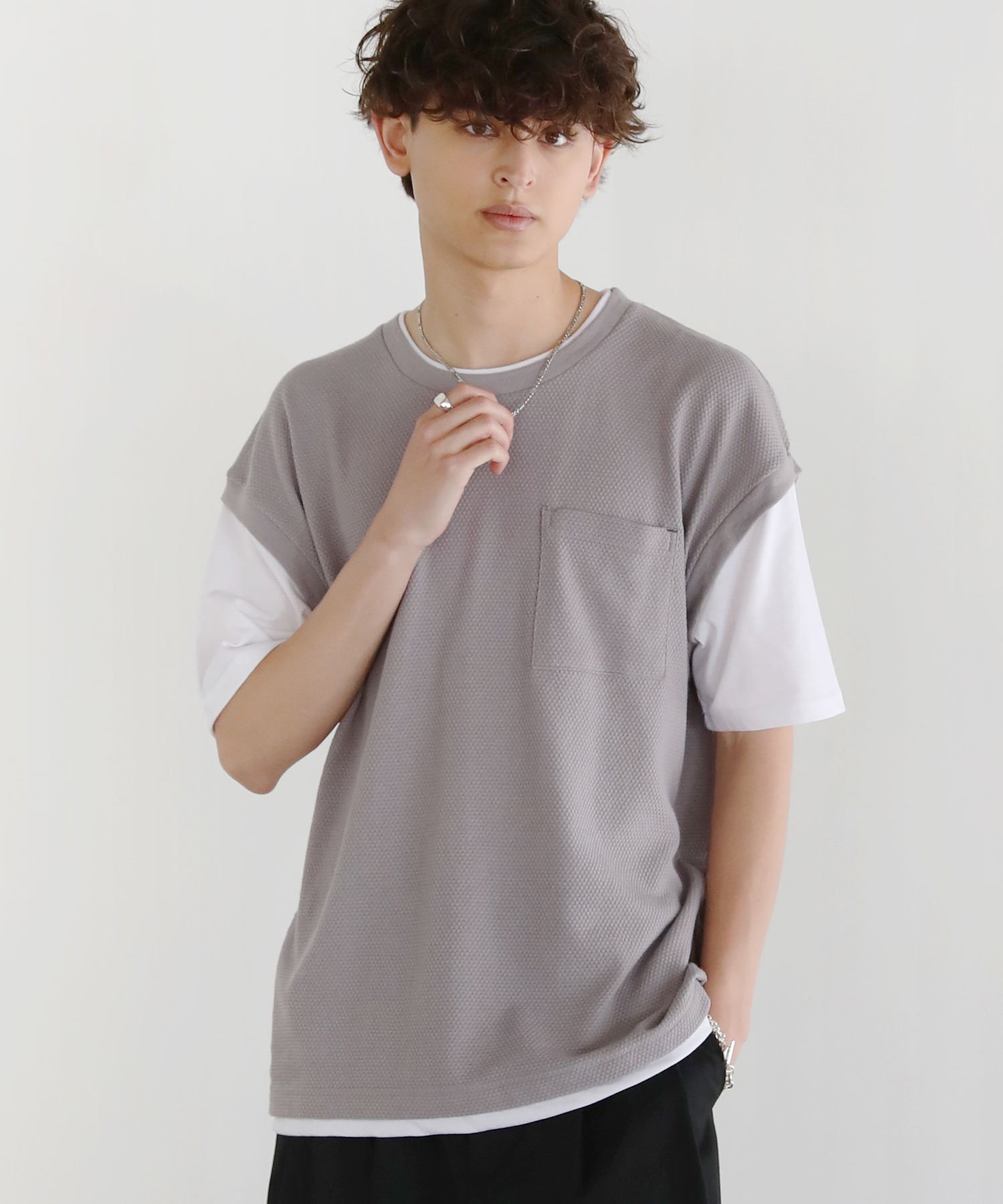 THE CASUAL パイナップルニット半袖フェイクレイヤードベストTシャツ カジュアル トップス カットソー・Tシャツ ブルー グレー ブラック