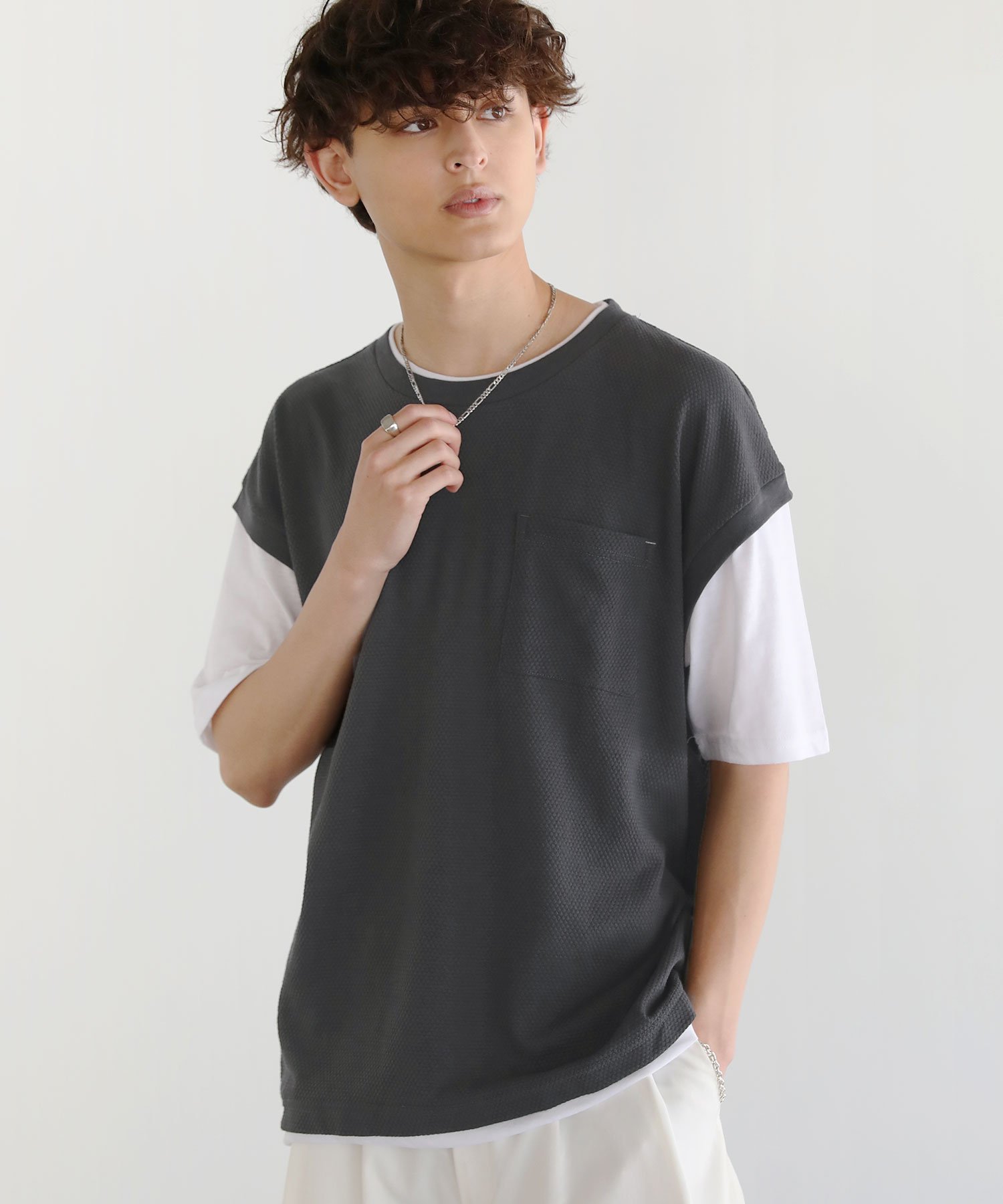 THE CASUAL パイナップルニット半袖フェイクレイヤードベストTシャツ カジュアル トップス カットソー・Tシャツ ブルー グレー ブラック