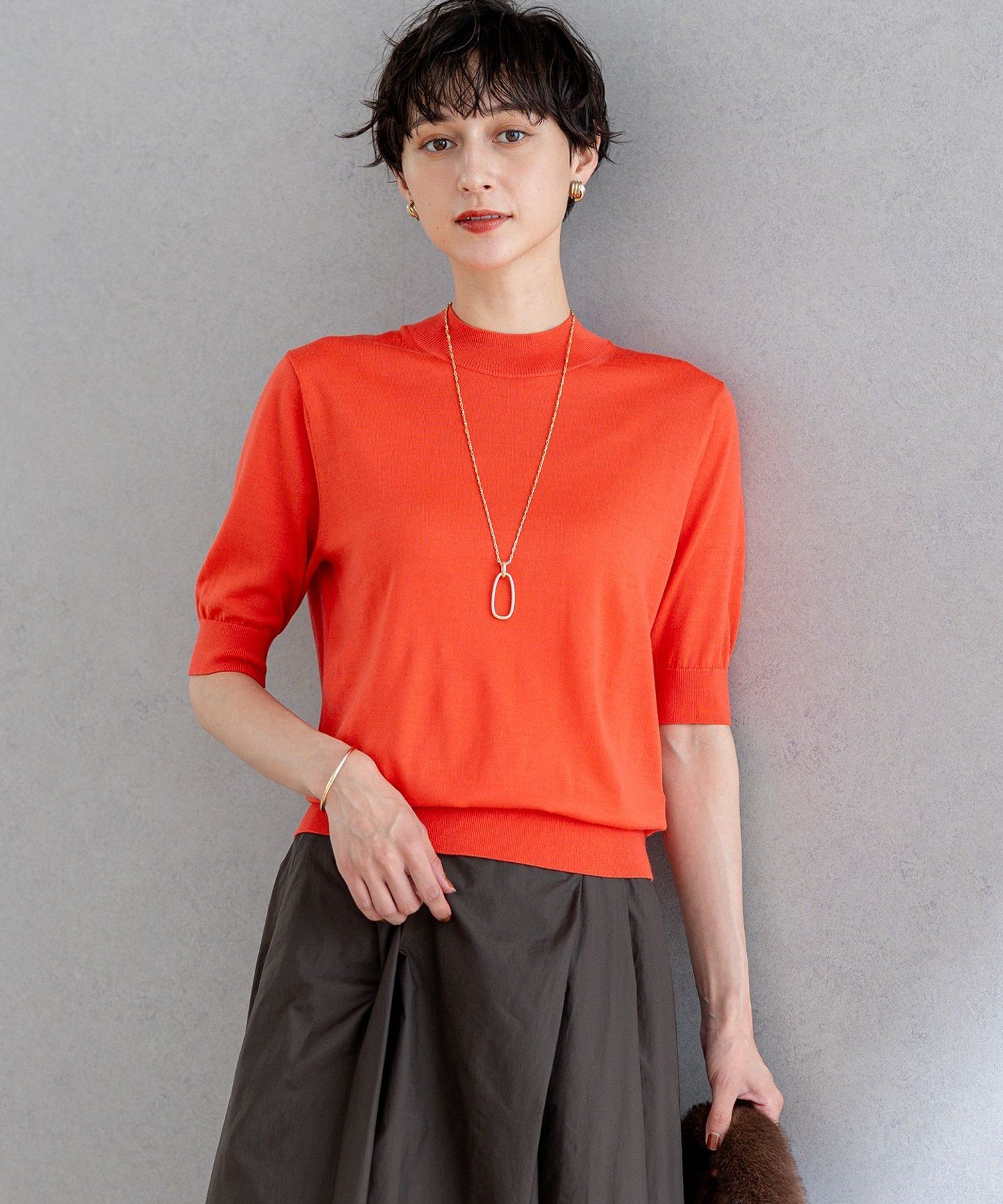 23区 S 【洗える】サステナブルウール モックネック 5分袖 ニット ニジュウサンク トップス ニット ネイビー オレンジ ブルー