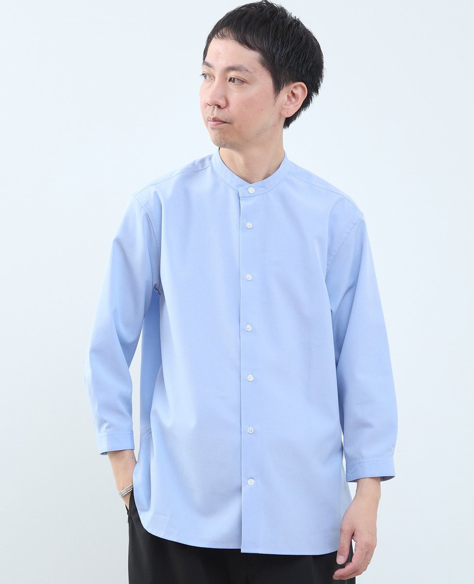 MEN'S MELROSE マルチファブリックバンドカラー8分袖シャツ メンズメルローズ トップス シャツ・ブラウス ホワイト ブルー