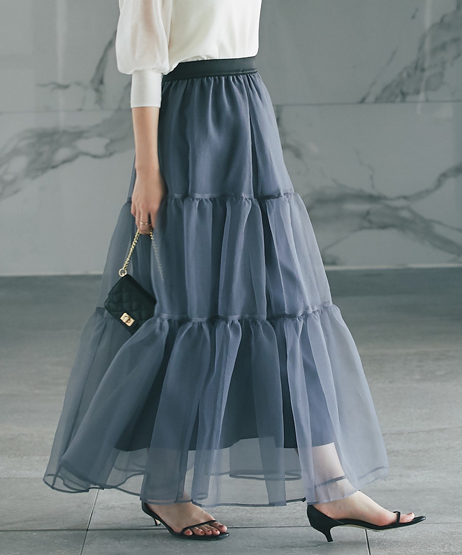 【SALE／54%OFF】La boutique BonBon 【3サイズ展開・新色登場!】シアーオーガンジーティアードスカート ラブティックボンボン スカート ロング・マキシスカート ブラック グレー ホワイト【送料無料】のサムネイル